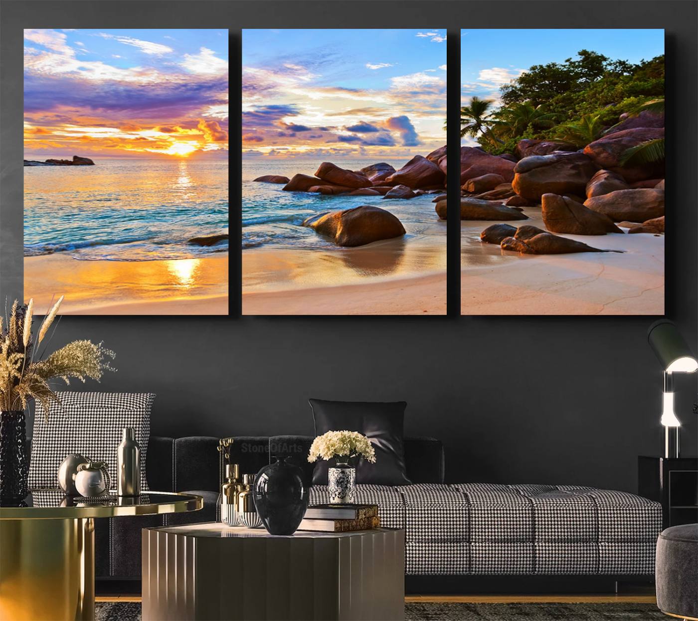 43209-MGV-CV-60X30-3P-Tropical Beach Sunset Canvas Print, Ocean Waves and Rocky Shoreline Wall Art, Coastal Decor for