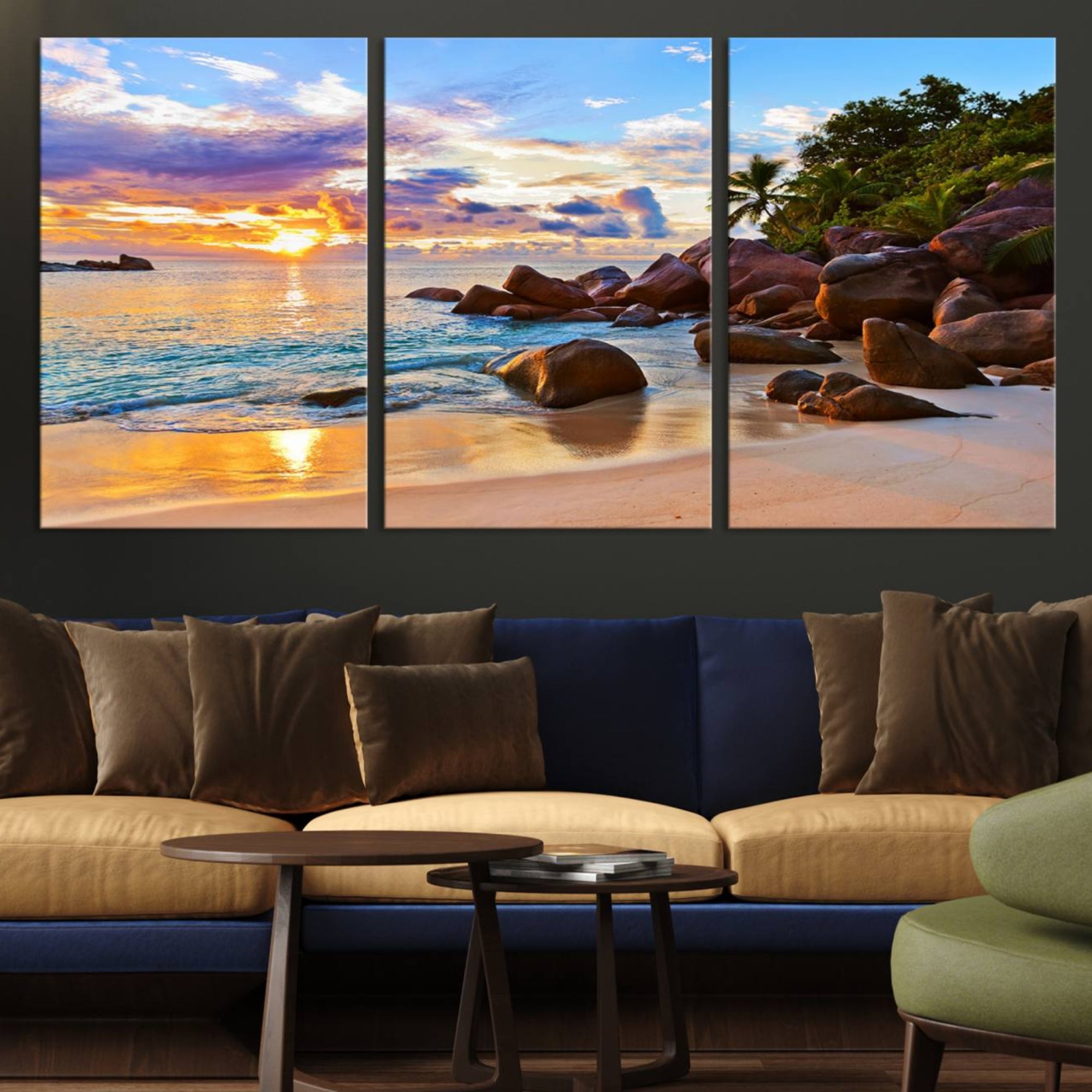 43209-MGV-CV-36X24-Tropical Beach Sunset Canvas Print, Ocean Waves and Rocky Shoreline Wall Art, Coastal Decor for