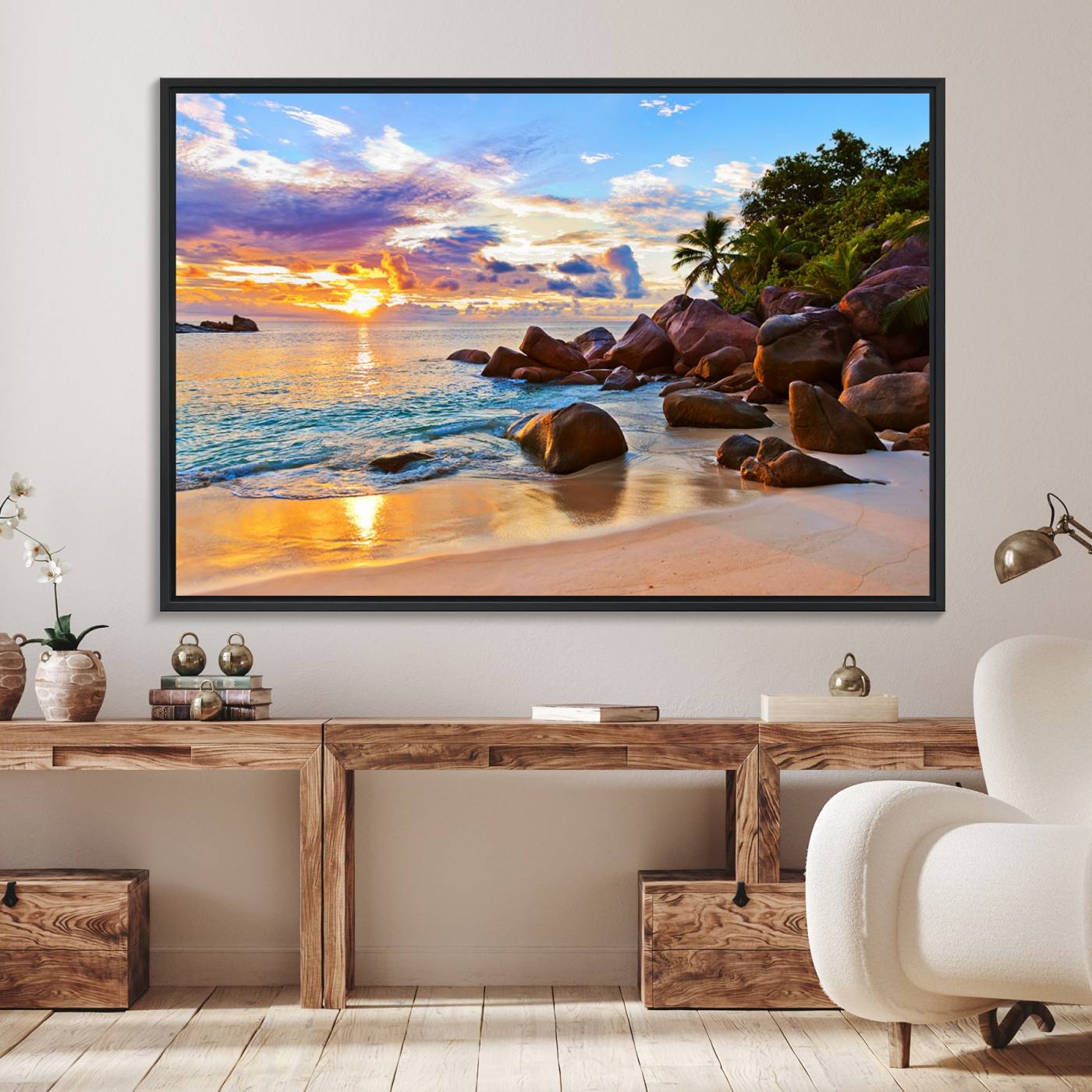 43209-MGV-FC-36X24_Black-Tropical Beach Sunset Canvas Print, Ocean Waves and Rocky Shoreline Wall Art, Coastal Decor for
