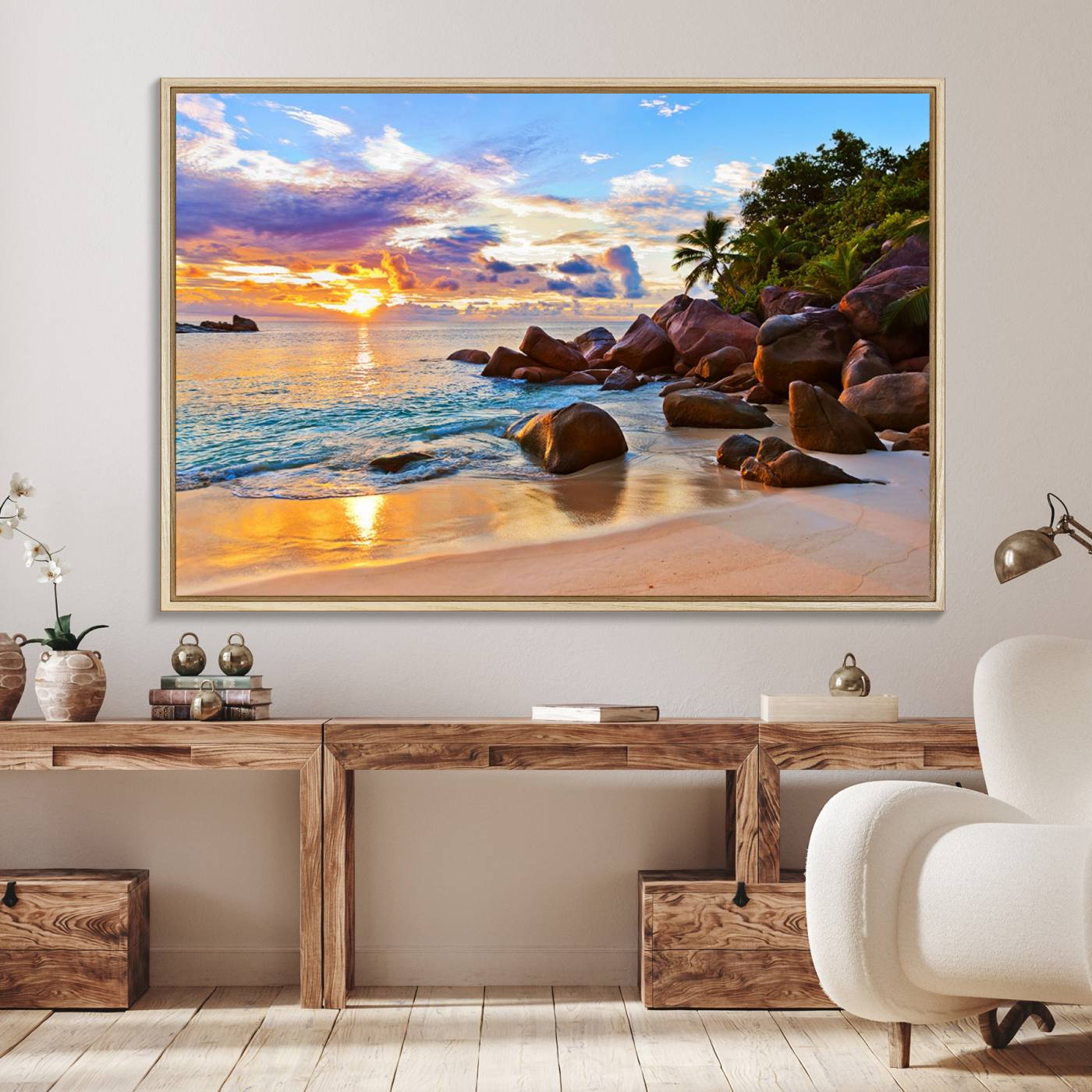 43209-MGV-FC-36X24_Natural-Tropical Beach Sunset Canvas Print, Ocean Waves and Rocky Shoreline Wall Art, Coastal Decor for