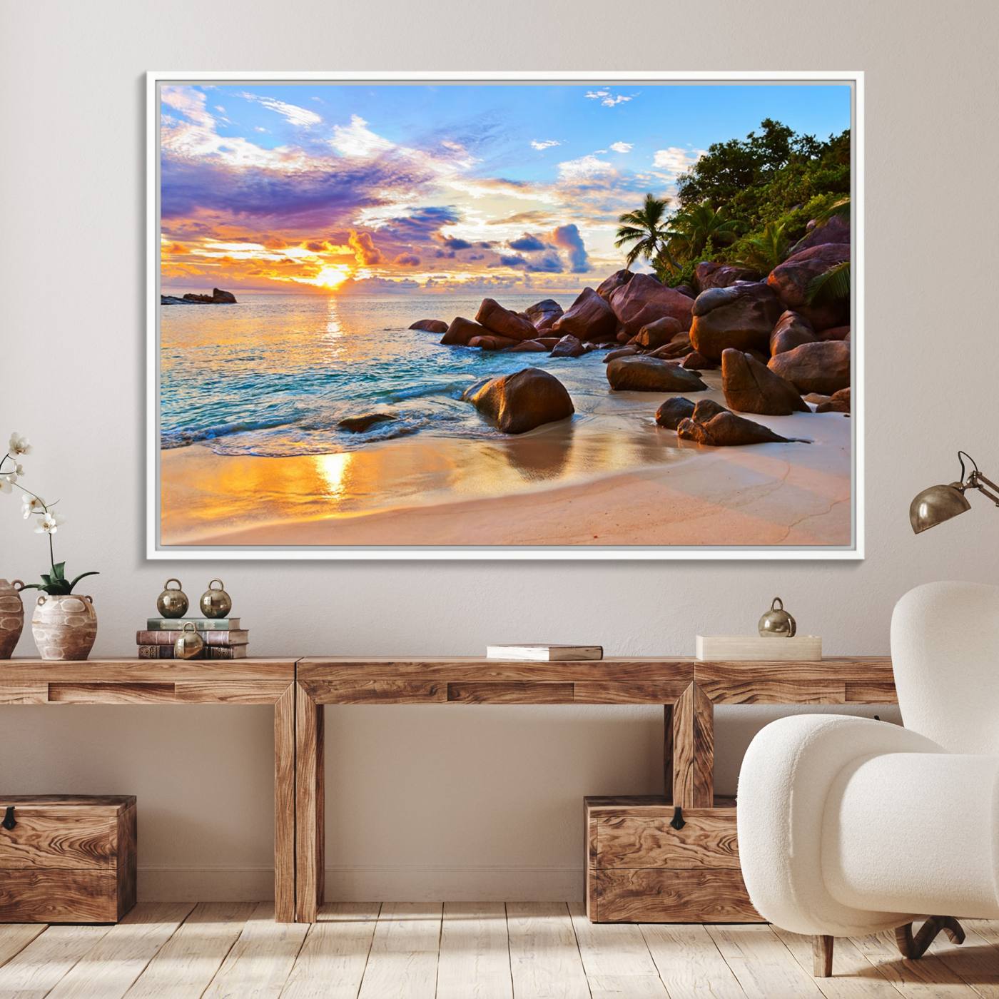43209-MGV-FC-36X24_White-Tropical Beach Sunset Canvas Print, Ocean Waves and Rocky Shoreline Wall Art, Coastal Decor for