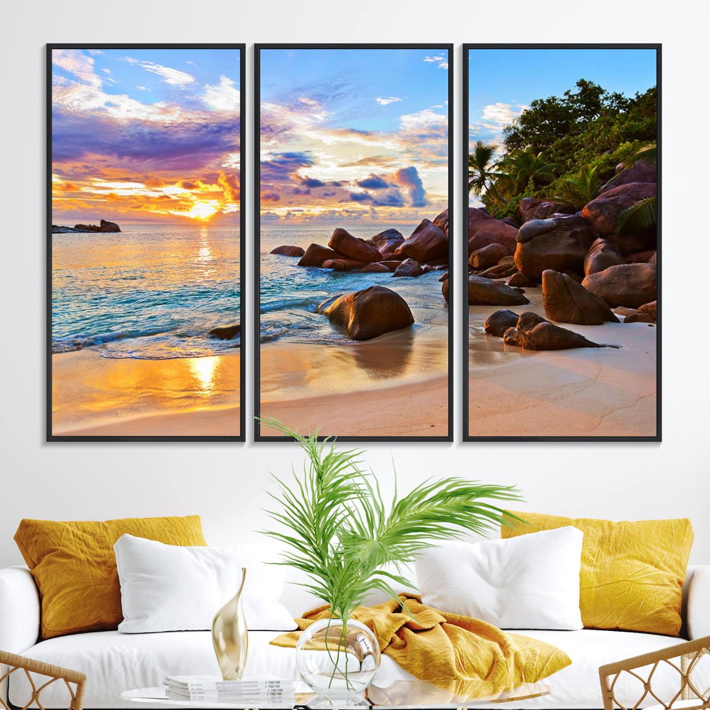 43209-MGV-FC-48X32-3P_Black-Tropical Beach Sunset Canvas Print, Ocean Waves and Rocky Shoreline Wall Art, Coastal Decor for