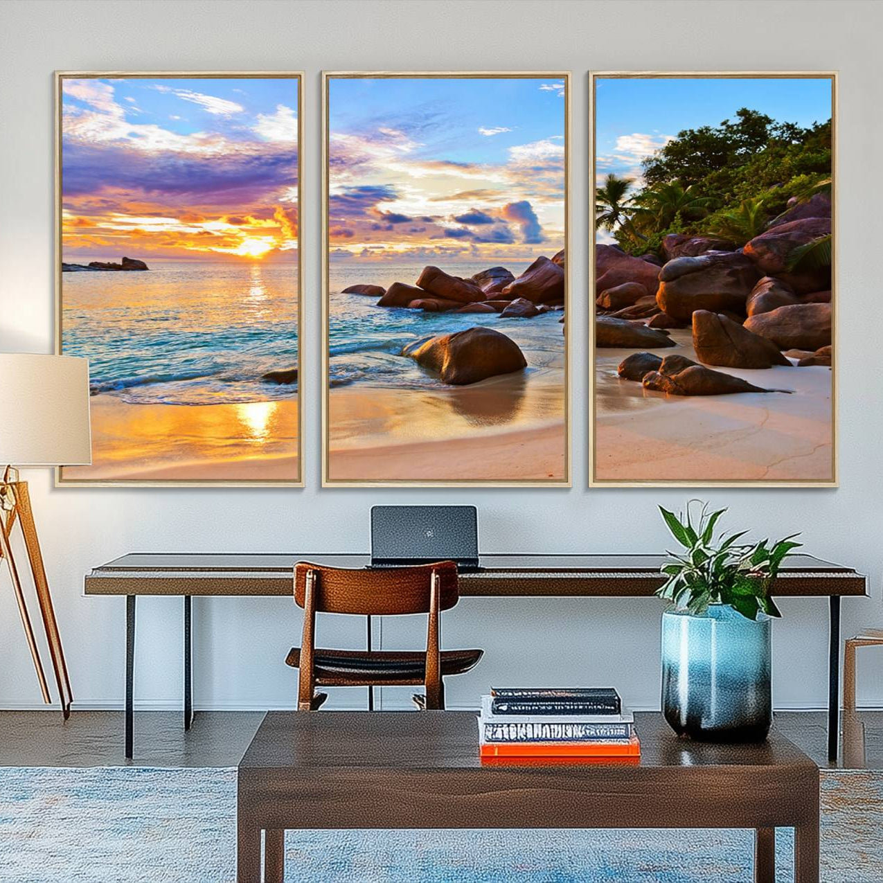 43209-MGV-FC-48X32-3P_Natural-Tropical Beach Sunset Canvas Print, Ocean Waves and Rocky Shoreline Wall Art, Coastal Decor for