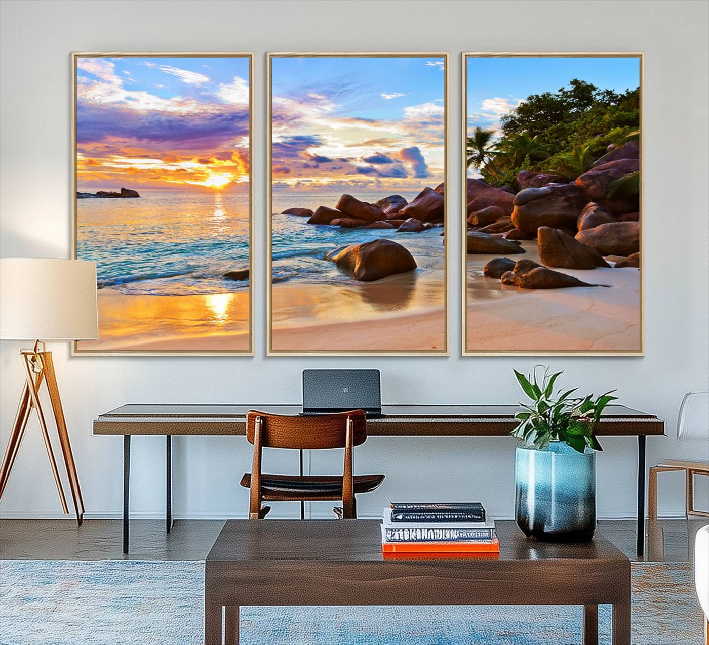 43209-MGV-FC-48X32-3P_Natural-Tropical Beach Sunset Canvas Print, Ocean Waves and Rocky Shoreline Wall Art, Coastal Decor for