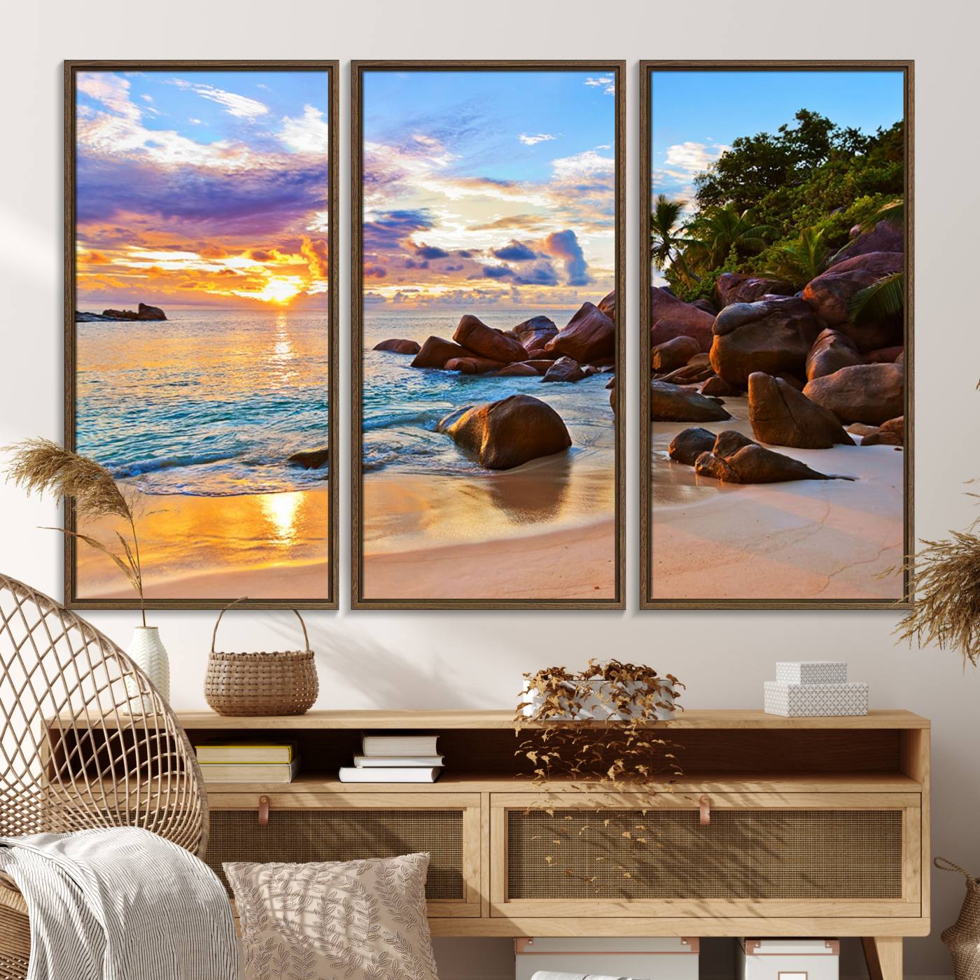 43209-MGV-FC-48X32-3P_Walnut-Tropical Beach Sunset Canvas Print, Ocean Waves and Rocky Shoreline Wall Art, Coastal Decor for