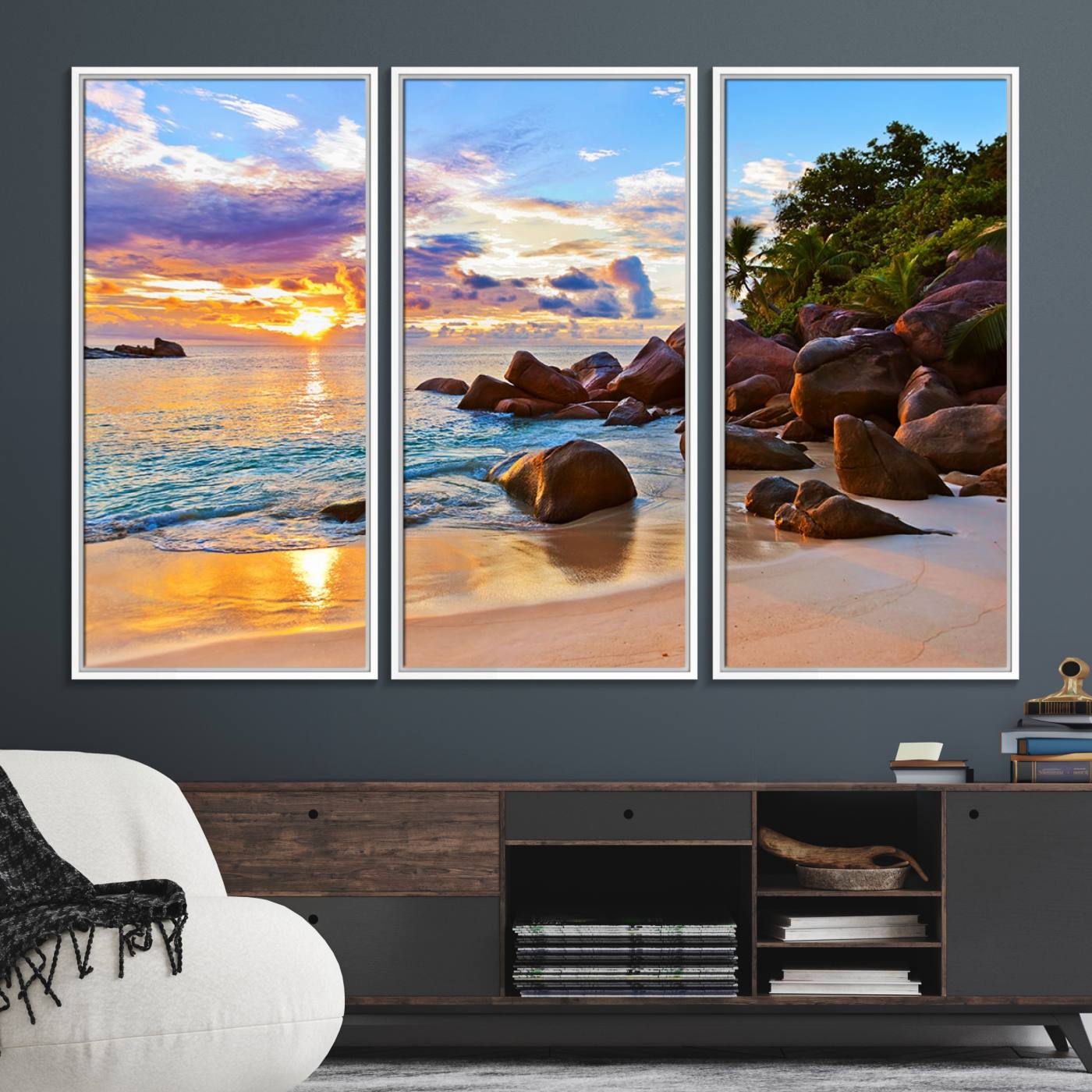 43209-MGV-FC-48X32-3P_White-Tropical Beach Sunset Canvas Print, Ocean Waves and Rocky Shoreline Wall Art, Coastal Decor for