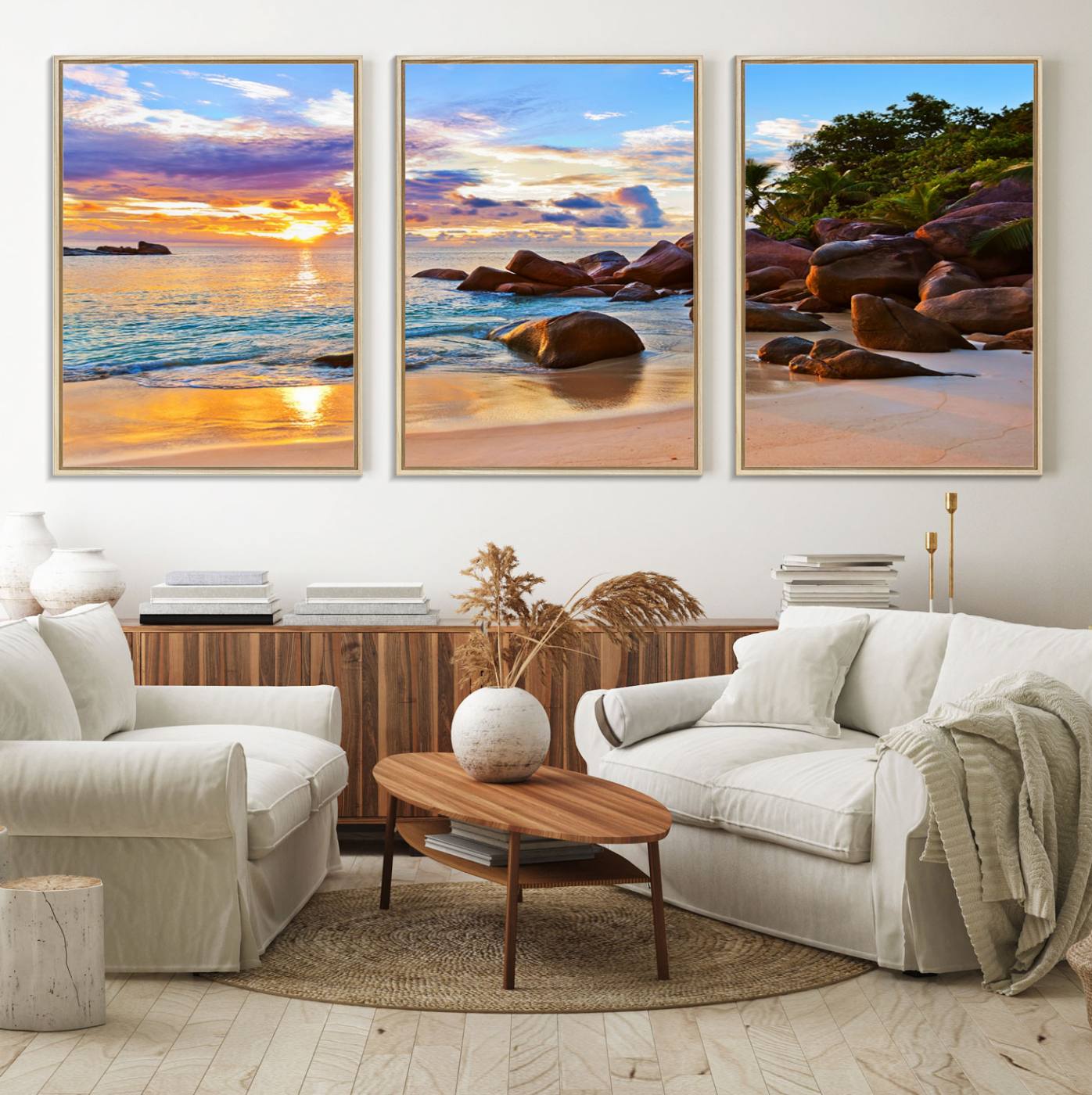 43209-MGV-FC-60X30-3P_Natural-Tropical Beach Sunset Canvas Print, Ocean Waves and Rocky Shoreline Wall Art, Coastal Decor for