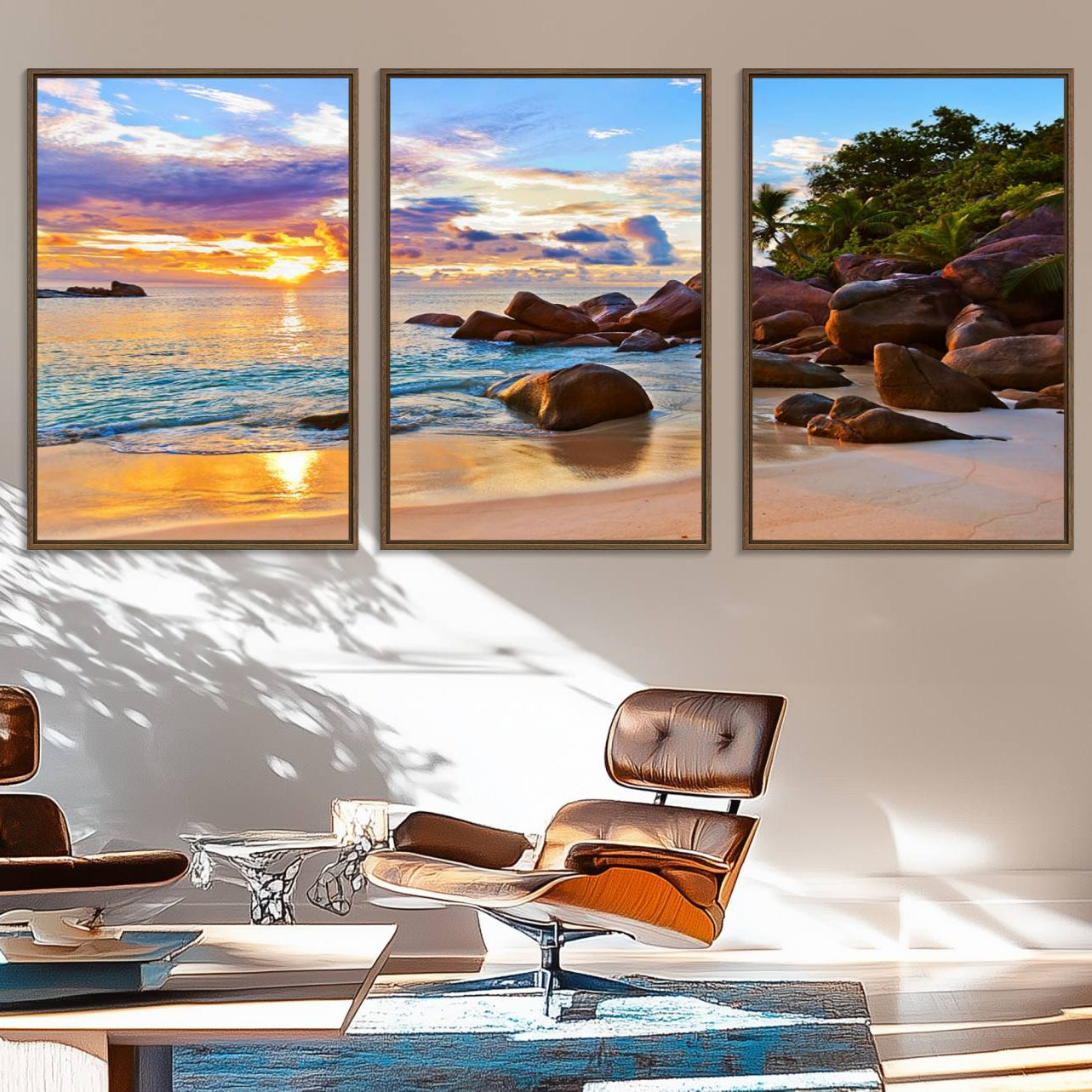 43209-MGV-FC-60X30-3P_Walnut-Tropical Beach Sunset Canvas Print, Ocean Waves and Rocky Shoreline Wall Art, Coastal Decor for