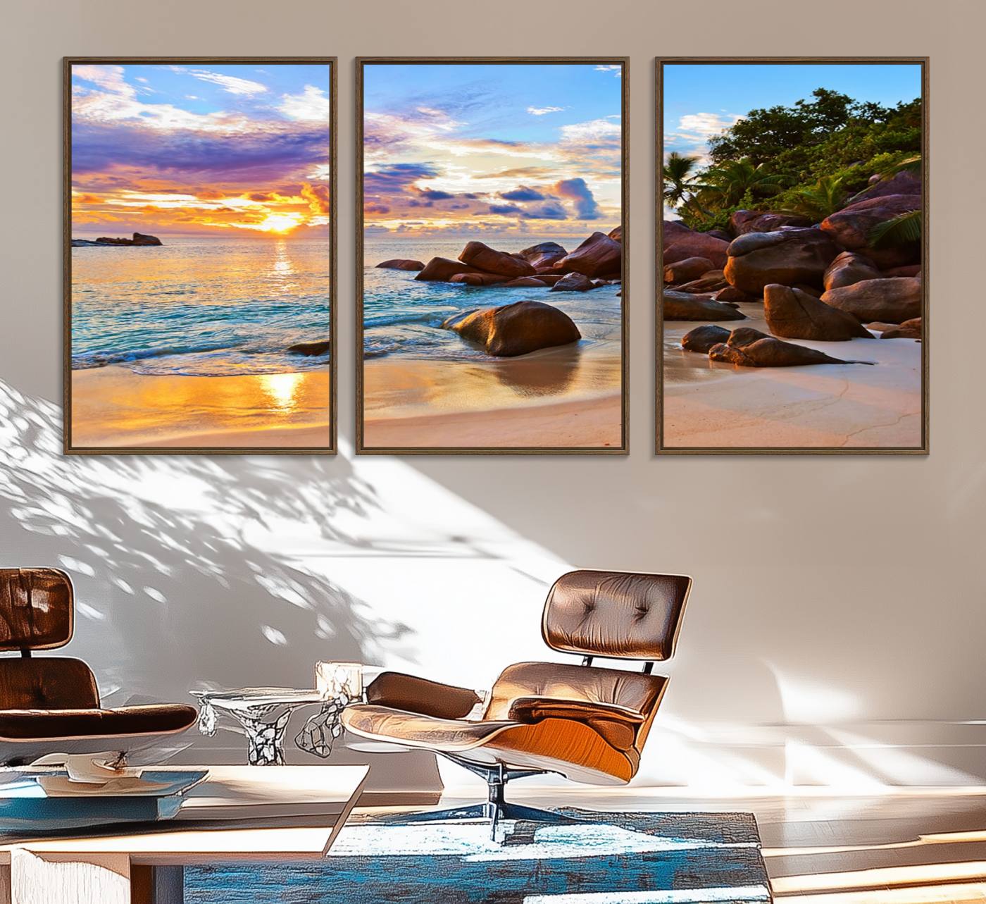 43209-MGV-FC-60X30-3P_Walnut-Tropical Beach Sunset Canvas Print, Ocean Waves and Rocky Shoreline Wall Art, Coastal Decor for