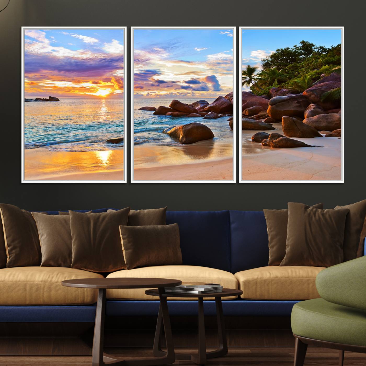 43209-MGV-FC-60X30-3P_White-Tropical Beach Sunset Canvas Print, Ocean Waves and Rocky Shoreline Wall Art, Coastal Decor for