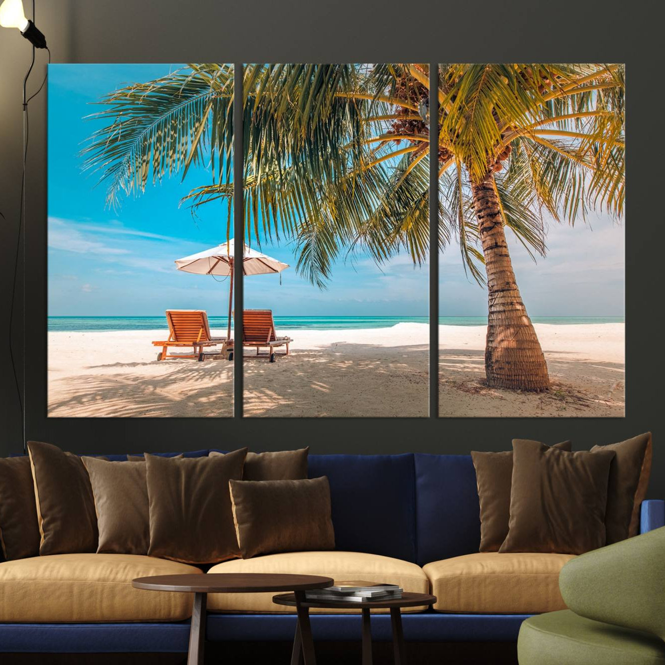 -Tropical Beach Wall Art | 3-Panel Large Canvas Print with Palm Tree and Sun Loungers