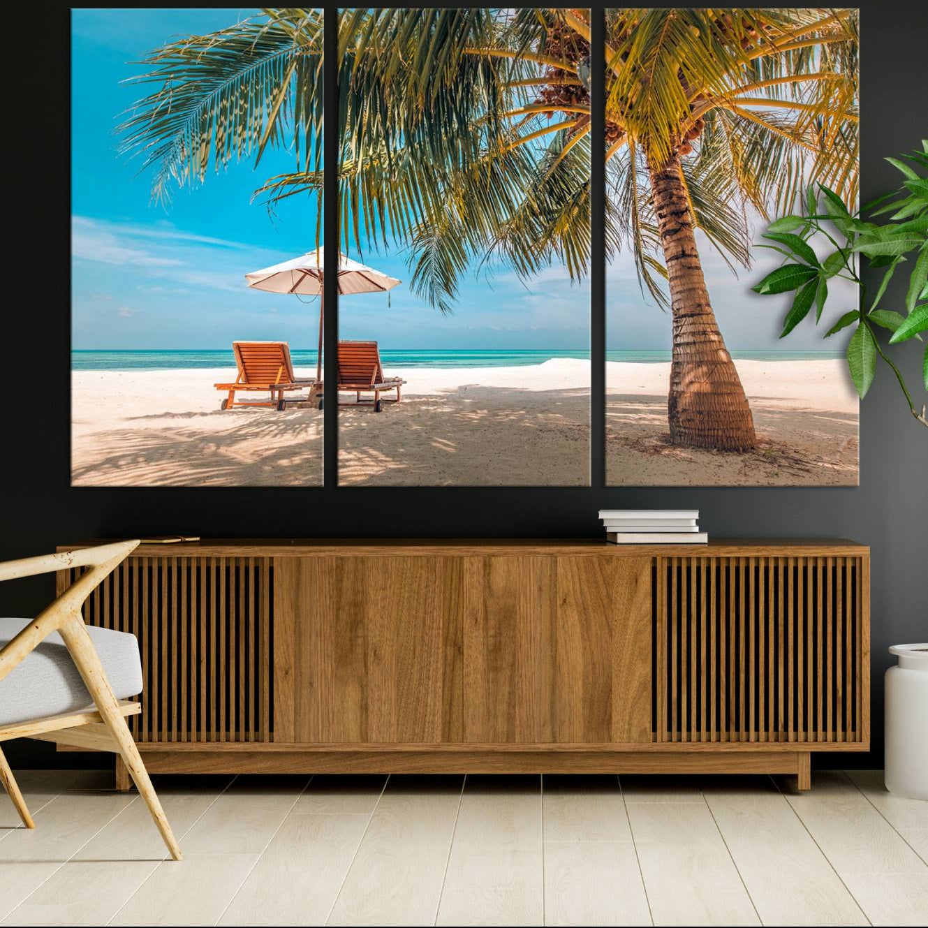 -Tropical Beach Wall Art | 3-Panel Large Canvas Print with Palm Tree and Sun Loungers
