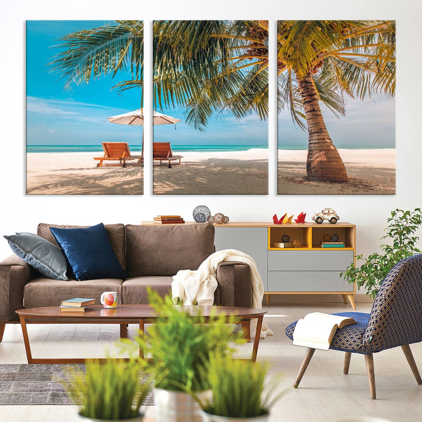 -Tropical Beach Wall Art | 3-Panel Large Canvas Print with Palm Tree and Sun Loungers