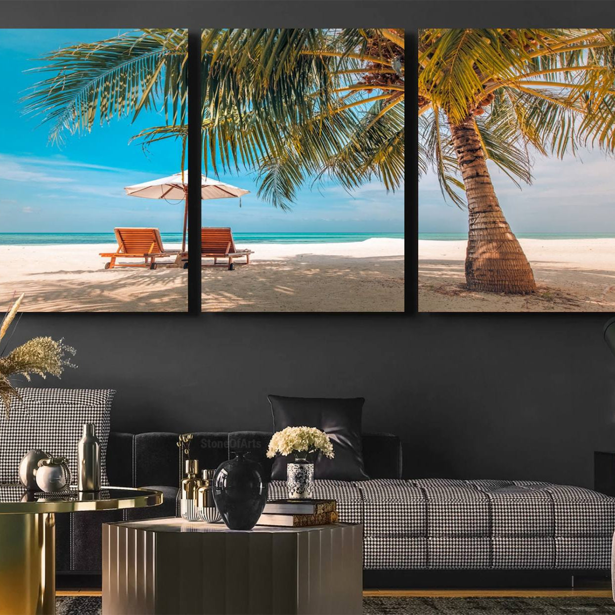 -Tropical Beach Wall Art | 3-Panel Large Canvas Print with Palm Tree and Sun Loungers