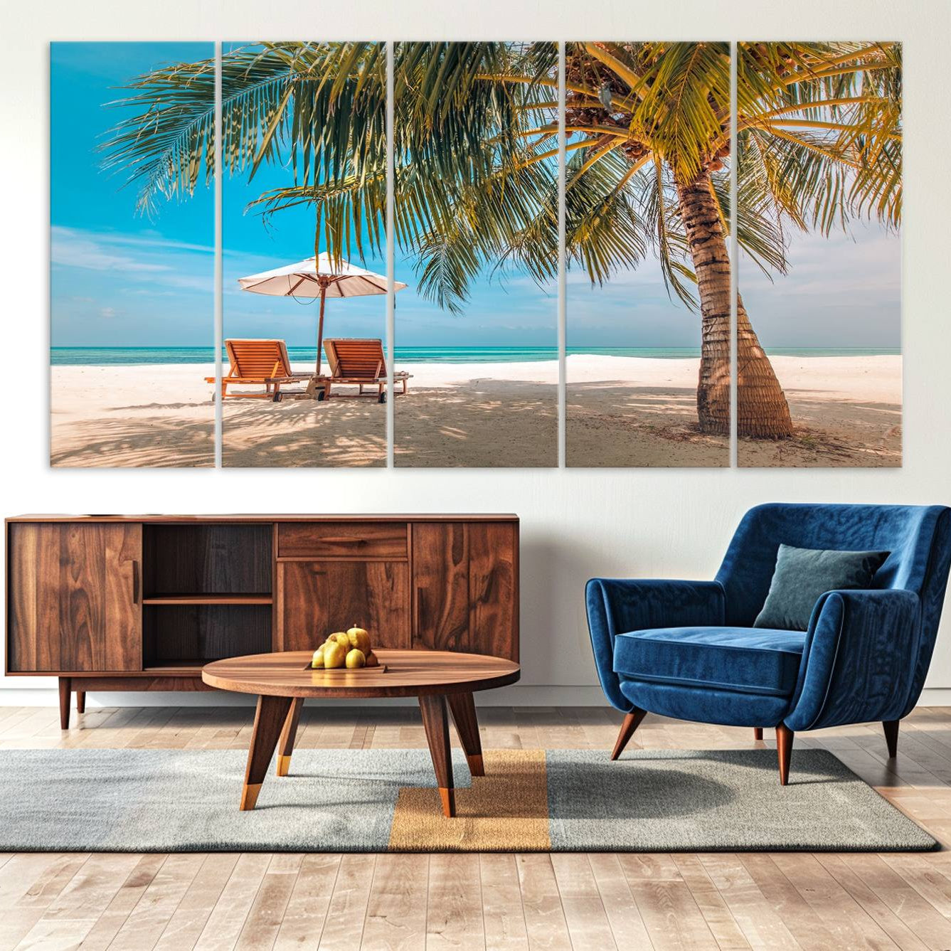 -Tropical Beach Wall Art | 3-Panel Large Canvas Print with Palm Tree and Sun Loungers