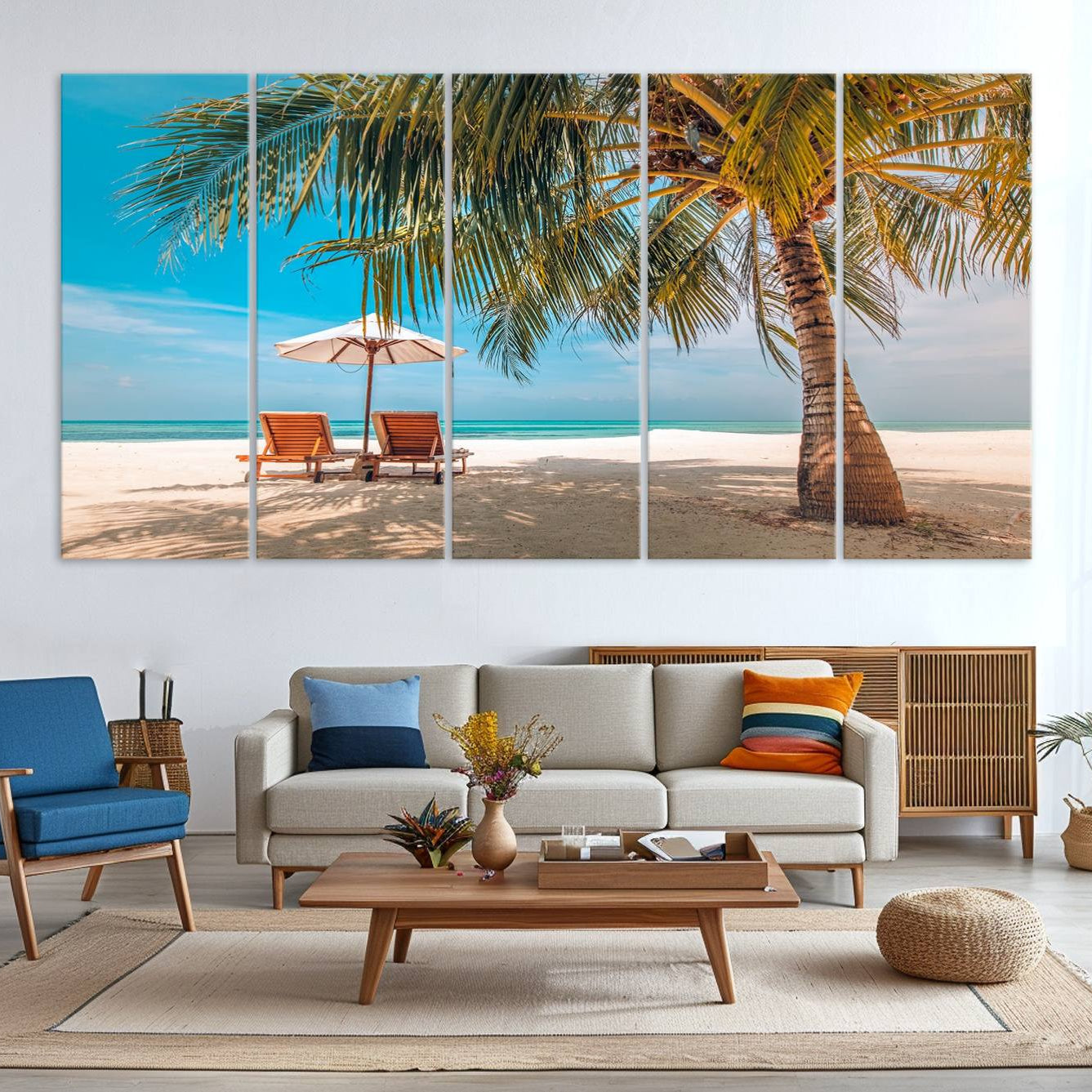 -Tropical Beach Wall Art | 3-Panel Large Canvas Print with Palm Tree and Sun Loungers