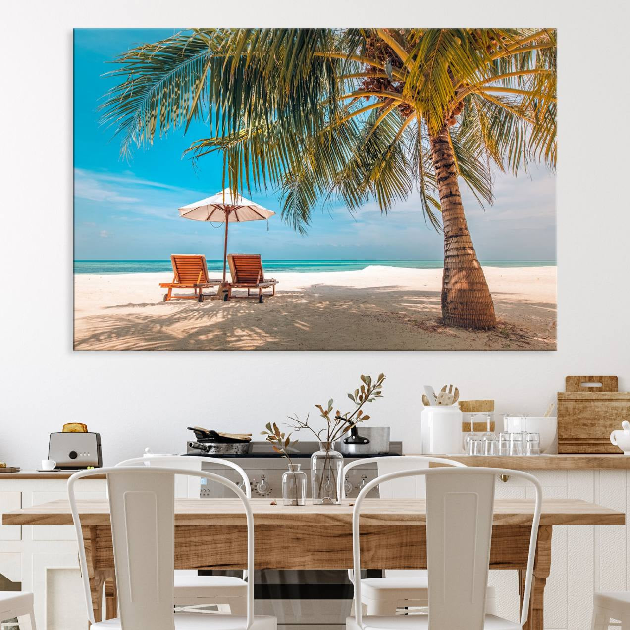 -Tropical Beach Wall Art | 3-Panel Large Canvas Print with Palm Tree and Sun Loungers