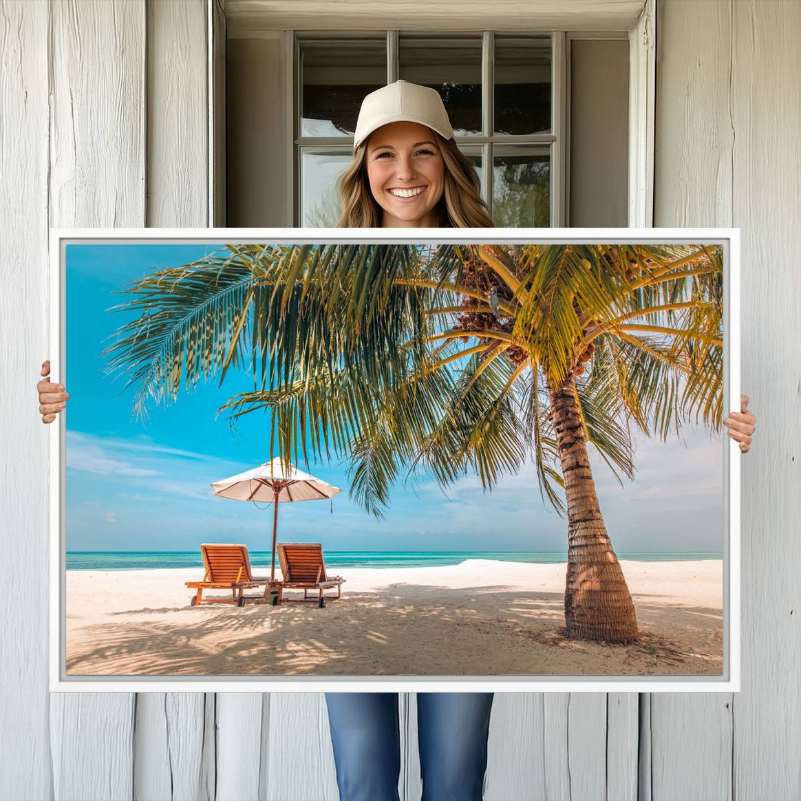 -Tropical Beach Wall Art | 3-Panel Large Canvas Print with Palm Tree and Sun Loungers