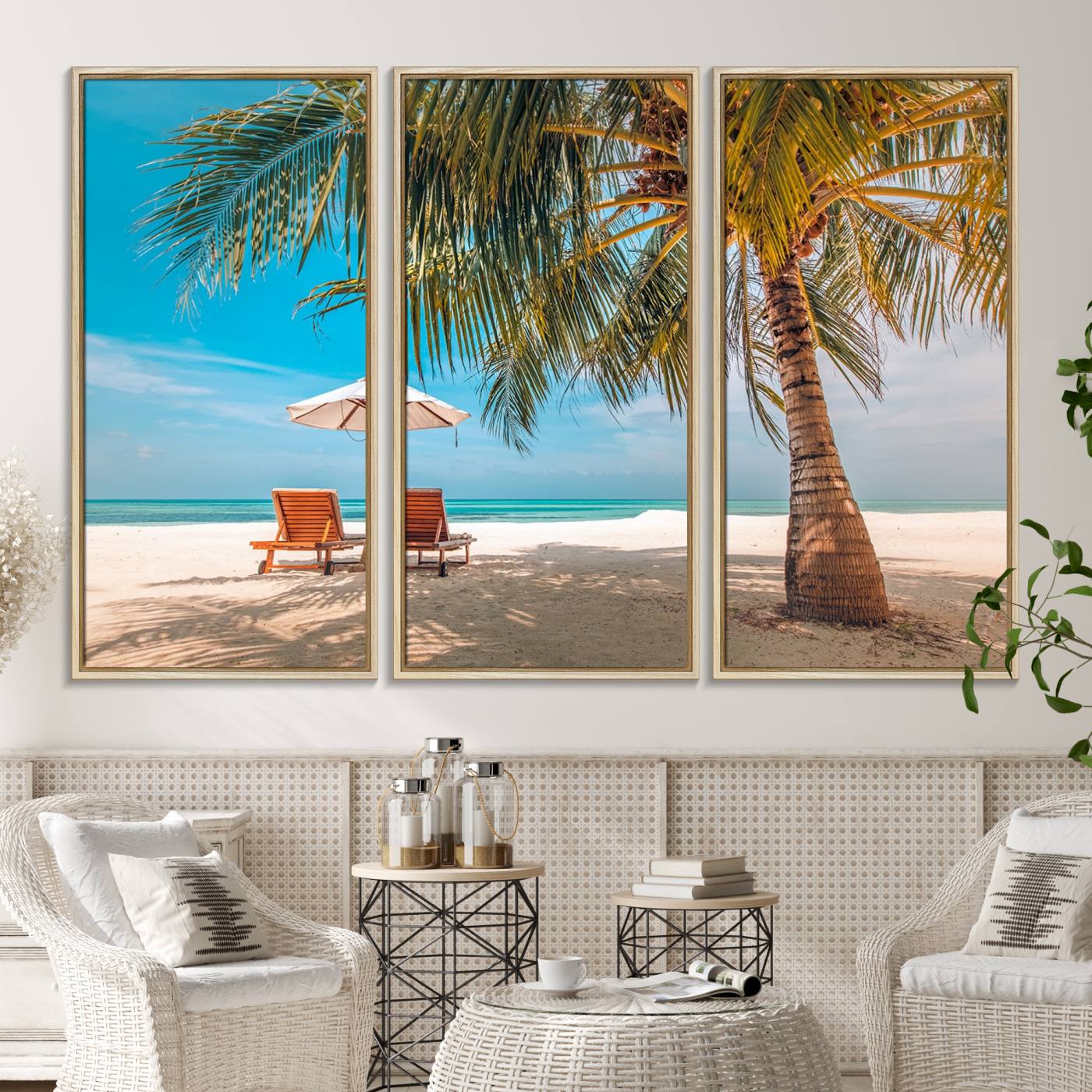 -Tropical Beach Wall Art | 3-Panel Large Canvas Print with Palm Tree and Sun Loungers