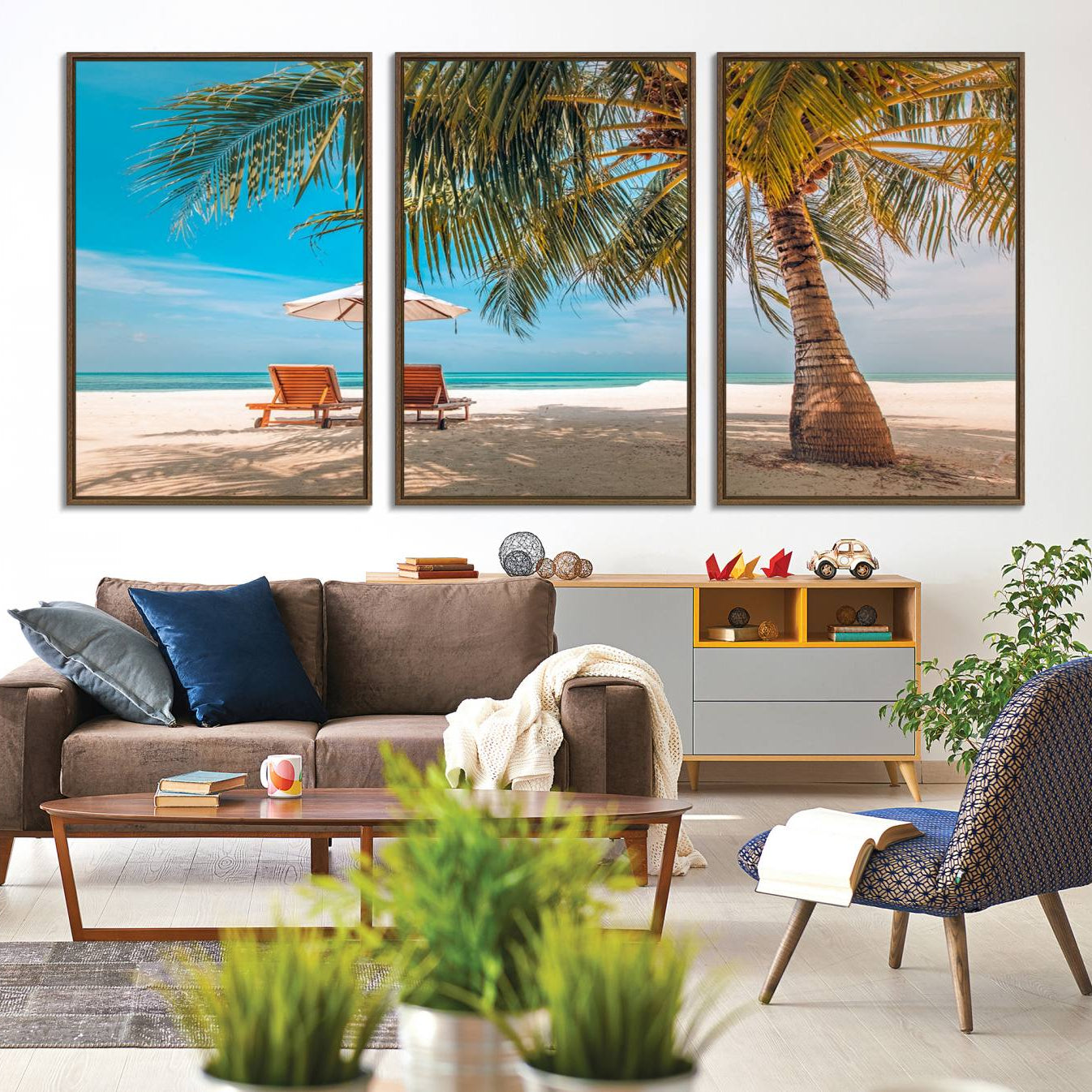 -Tropical Beach Wall Art | 3-Panel Large Canvas Print with Palm Tree and Sun Loungers