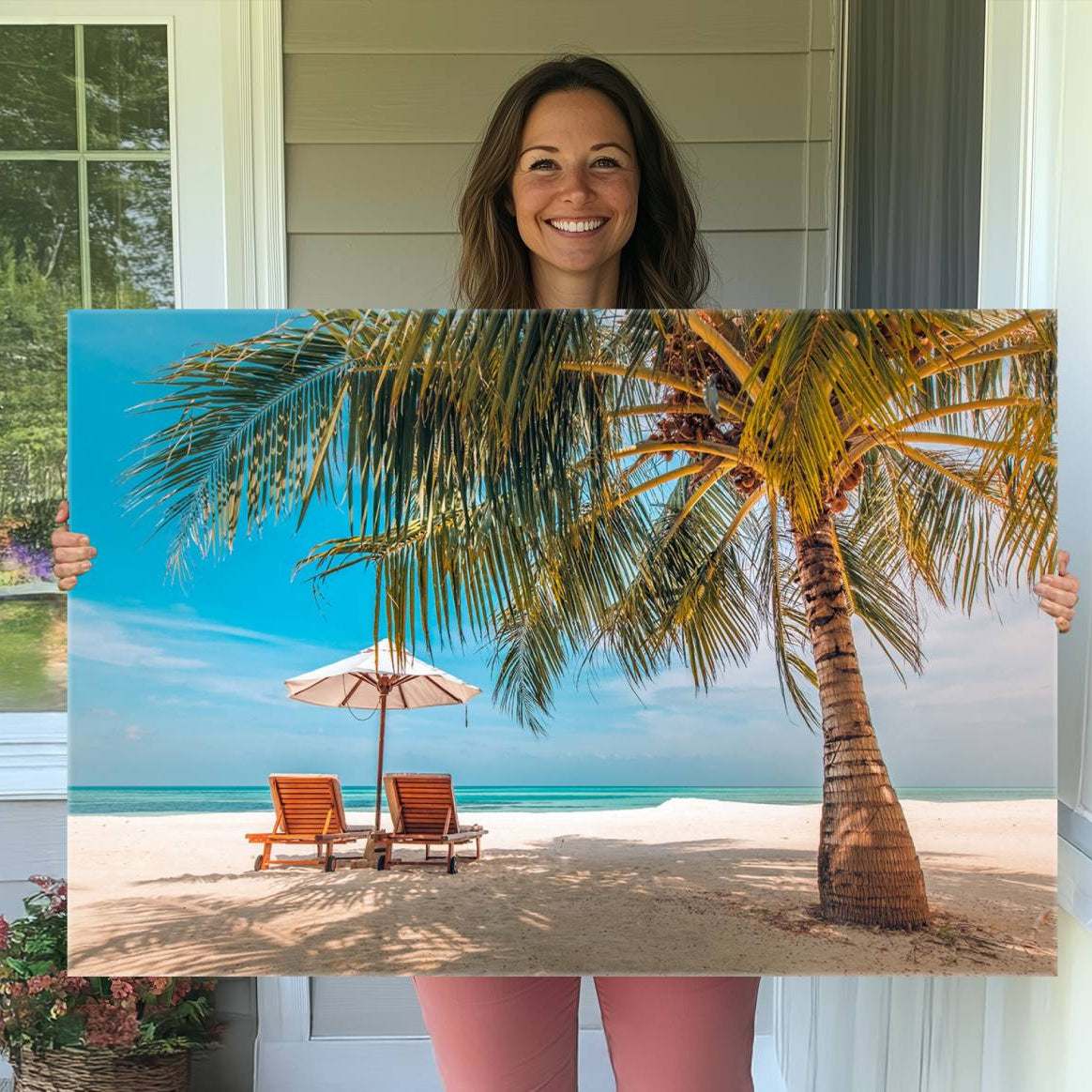 -Tropical Beach Wall Art | 3-Panel Large Canvas Print with Palm Tree and Sun Loungers