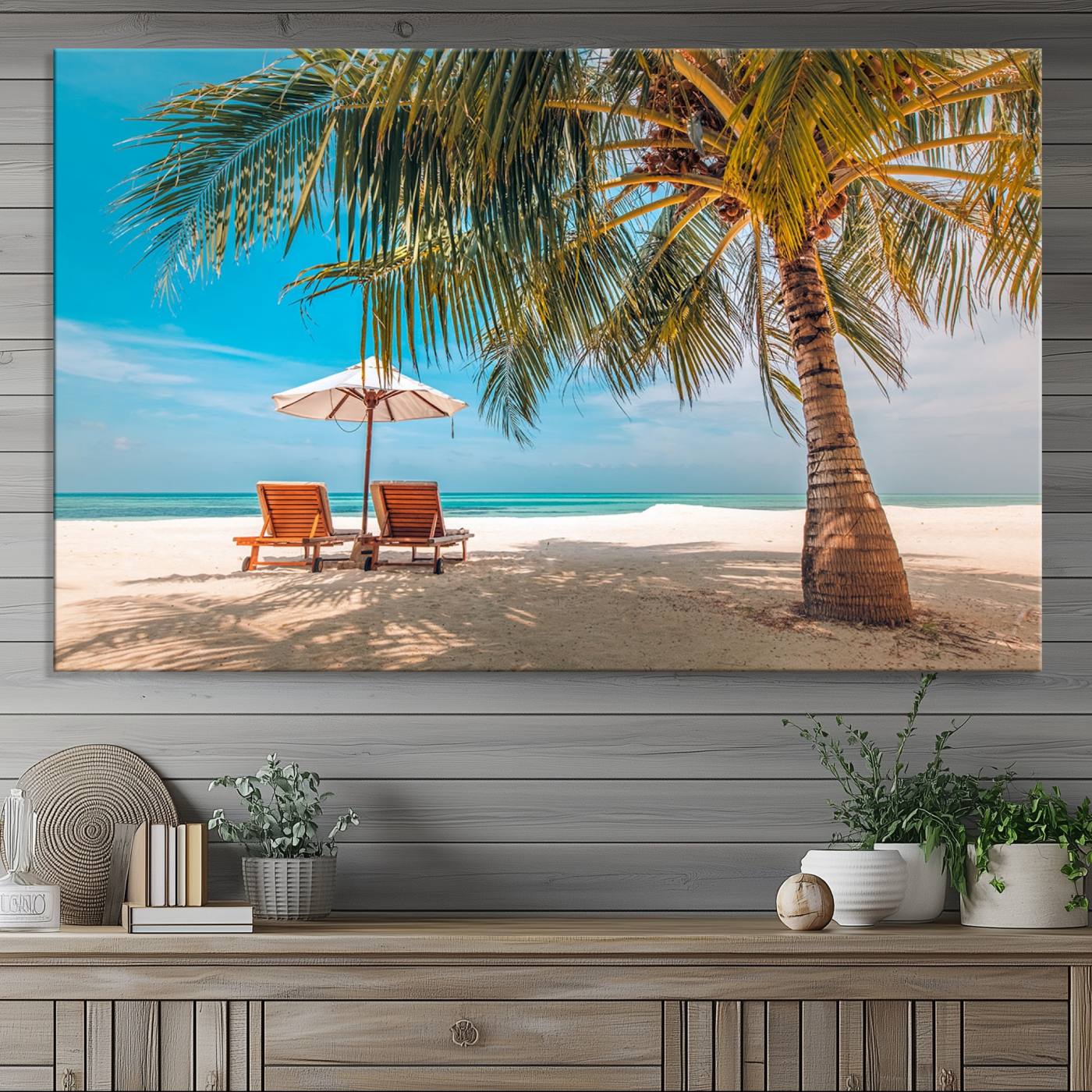 -Tropical Beach Wall Art | 3-Panel Large Canvas Print with Palm Tree and Sun Loungers