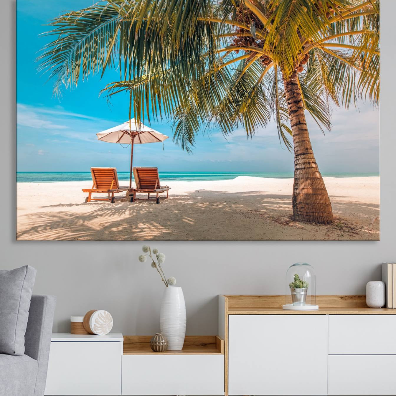 -Tropical Beach Wall Art | 3-Panel Large Canvas Print with Palm Tree and Sun Loungers