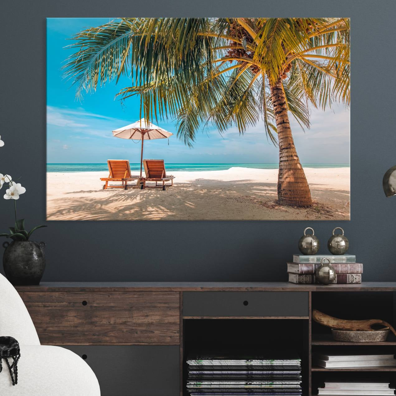 69754-MGV-CV-36X24-Tropical Beach Wall Art | 3-Panel Large Canvas Print with Palm Tree and Sun Loungers