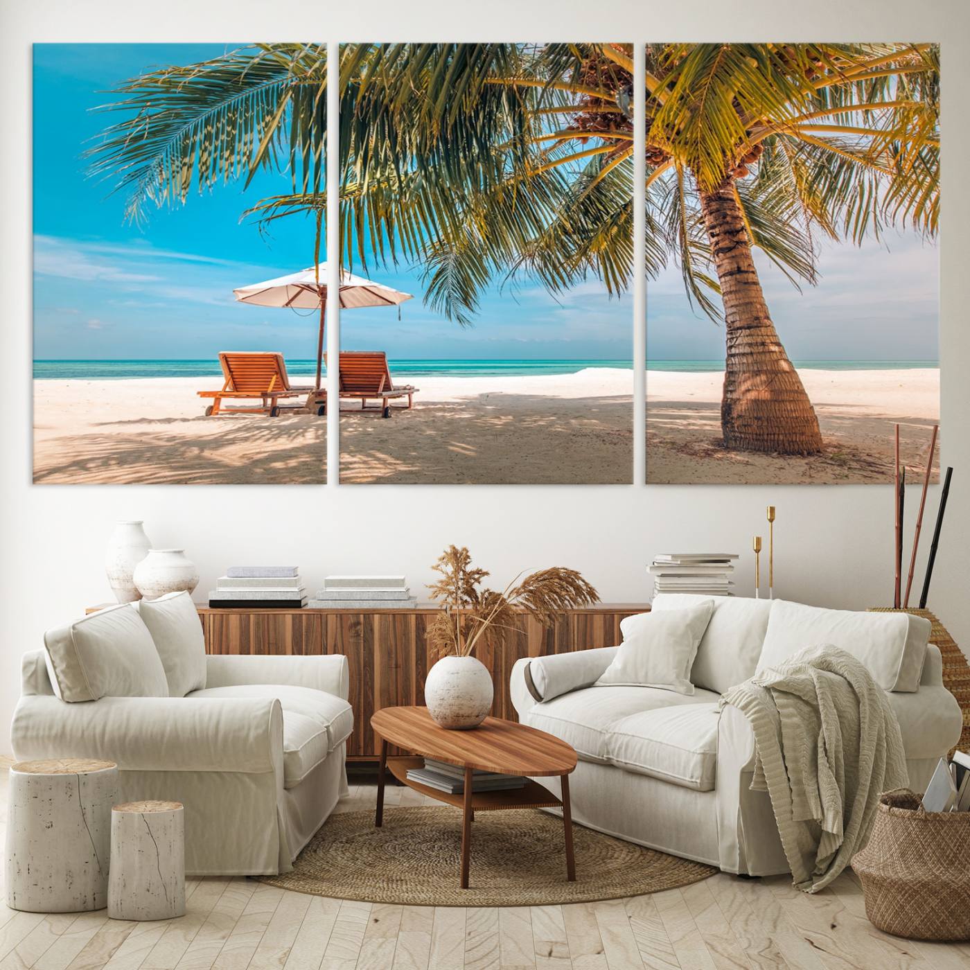 69754-MGV-CV-60X30-3P-Tropical Beach Wall Art | 3-Panel Large Canvas Print with Palm Tree and Sun Loungers