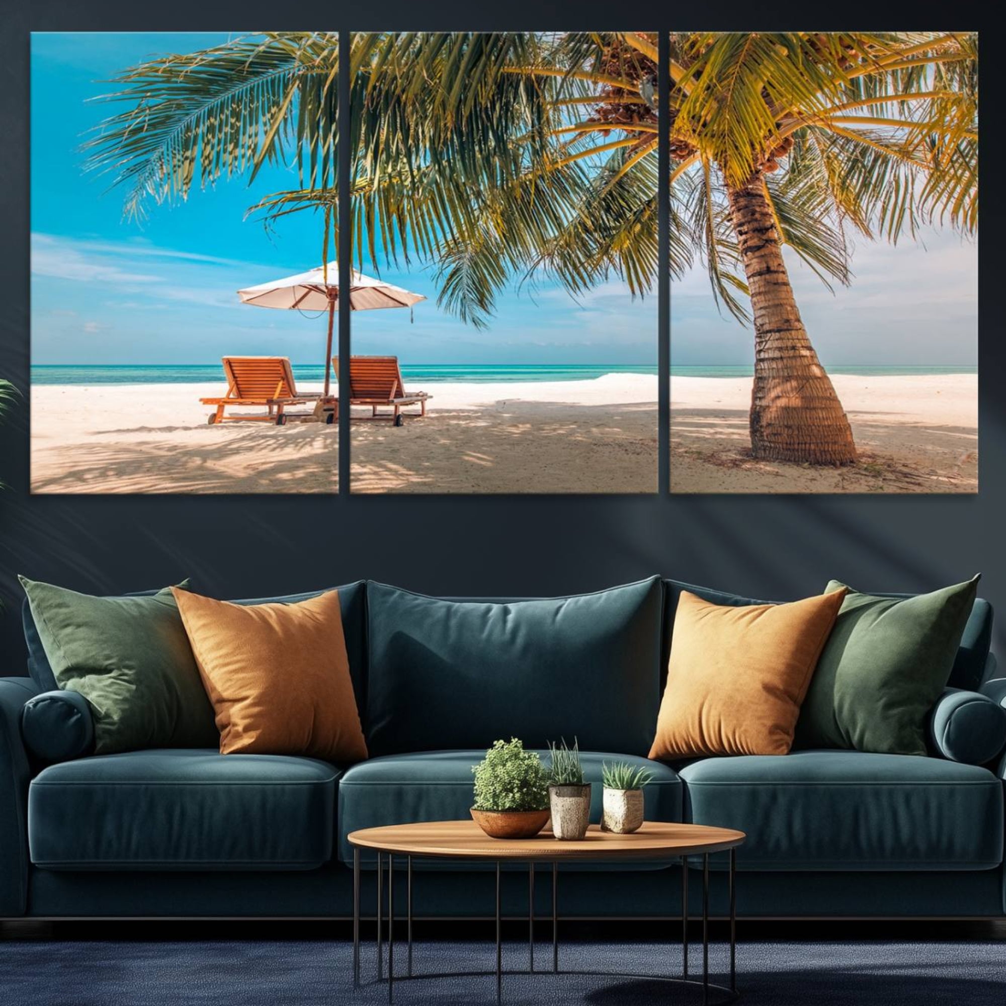 69754-MGV-CV-36X24-Tropical Beach Wall Art | 3-Panel Large Canvas Print with Palm Tree and Sun Loungers