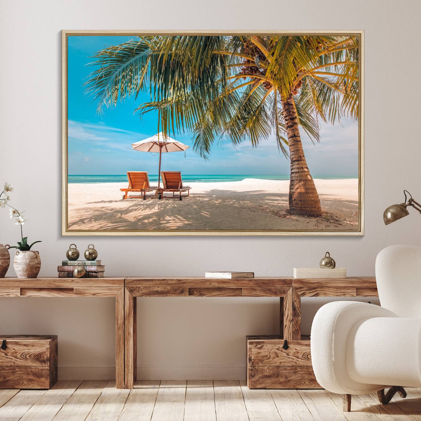 69754-MGV-FC-36X24_Natural-Tropical Beach Wall Art | 3-Panel Large Canvas Print with Palm Tree and Sun Loungers