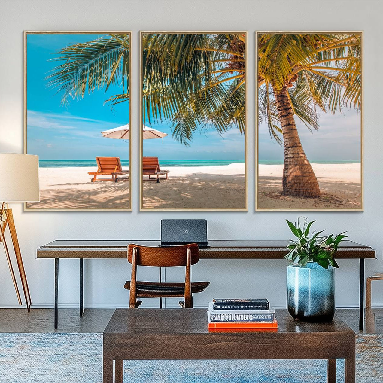 69754-MGV-FC-48X32-3P_Natural-Tropical Beach Wall Art | 3-Panel Large Canvas Print with Palm Tree and Sun Loungers