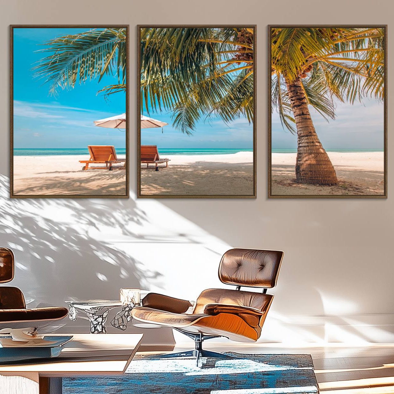 69754-MGV-FC-60X30-3P_Walnut-Tropical Beach Wall Art | 3-Panel Large Canvas Print with Palm Tree and Sun Loungers