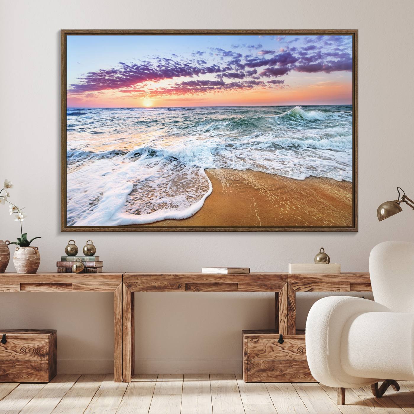 53006-MGV-FC-36X24_Walnut-Tropical Beach Waves Art Print Sunset Canvas Print Ocean Seascape Art Coastal Art