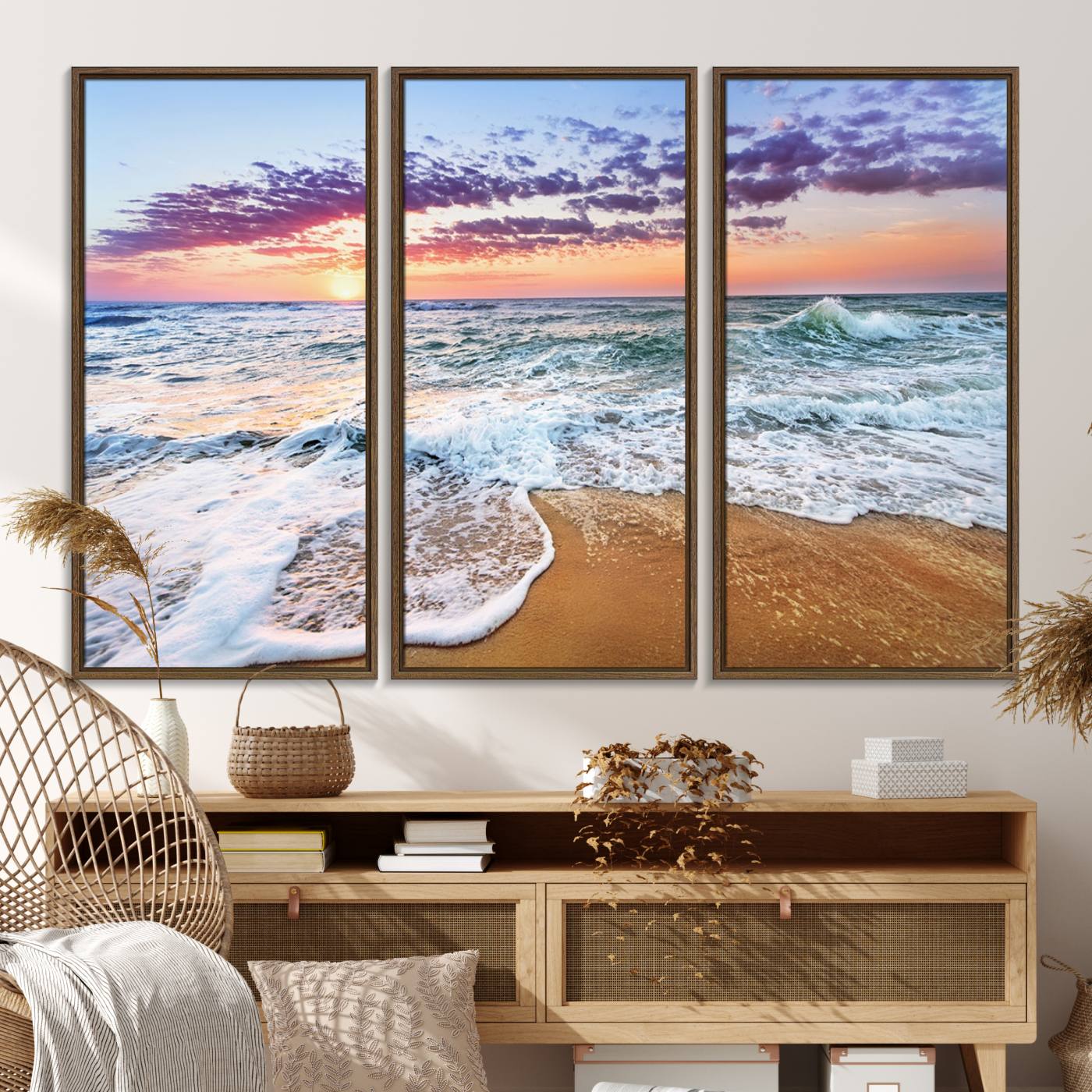 53006-MGV-FC-48X32-3P_Walnut-Tropical Beach Waves Art Print Sunset Canvas Print Ocean Seascape Art Coastal Art