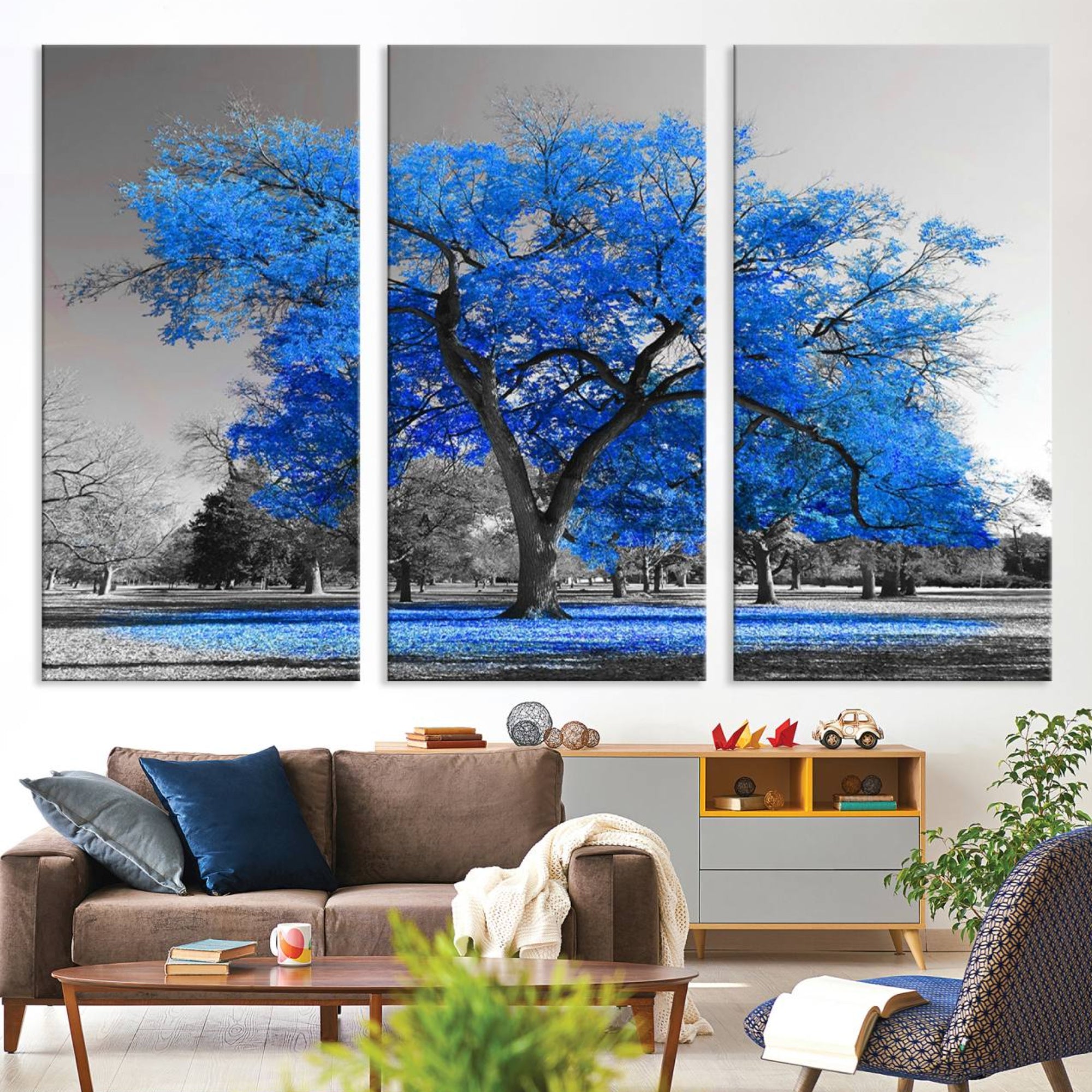 70954-MGV-CV-36X24-Vibrant Blue Tree Canvas Art – Triptych Nature Print – Color Pop Decor for Living Room or Office –