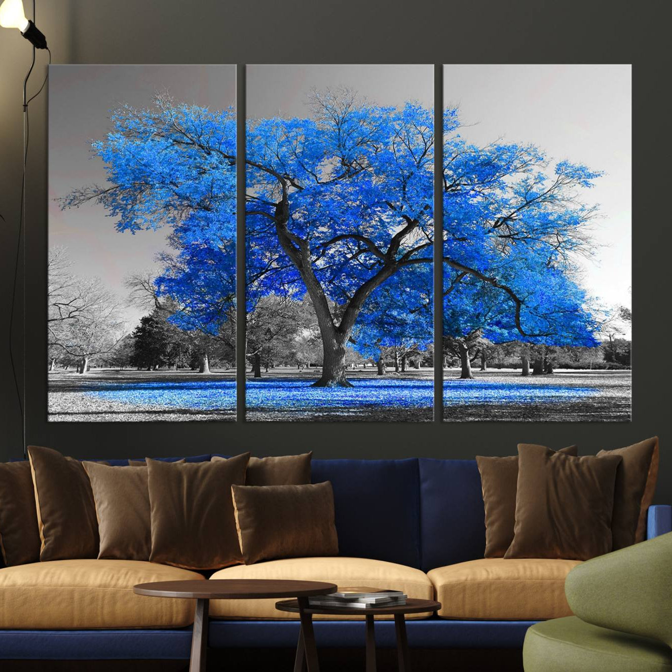 -Vibrant Blue Tree Canvas Art – Triptych Nature Print – Color Pop Decor for Living Room or Office –