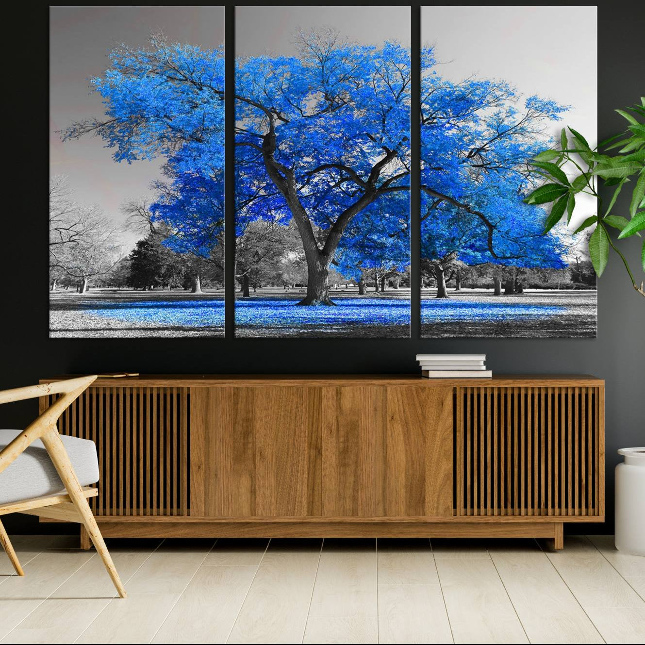 -Vibrant Blue Tree Canvas Art – Triptych Nature Print – Color Pop Decor for Living Room or Office –
