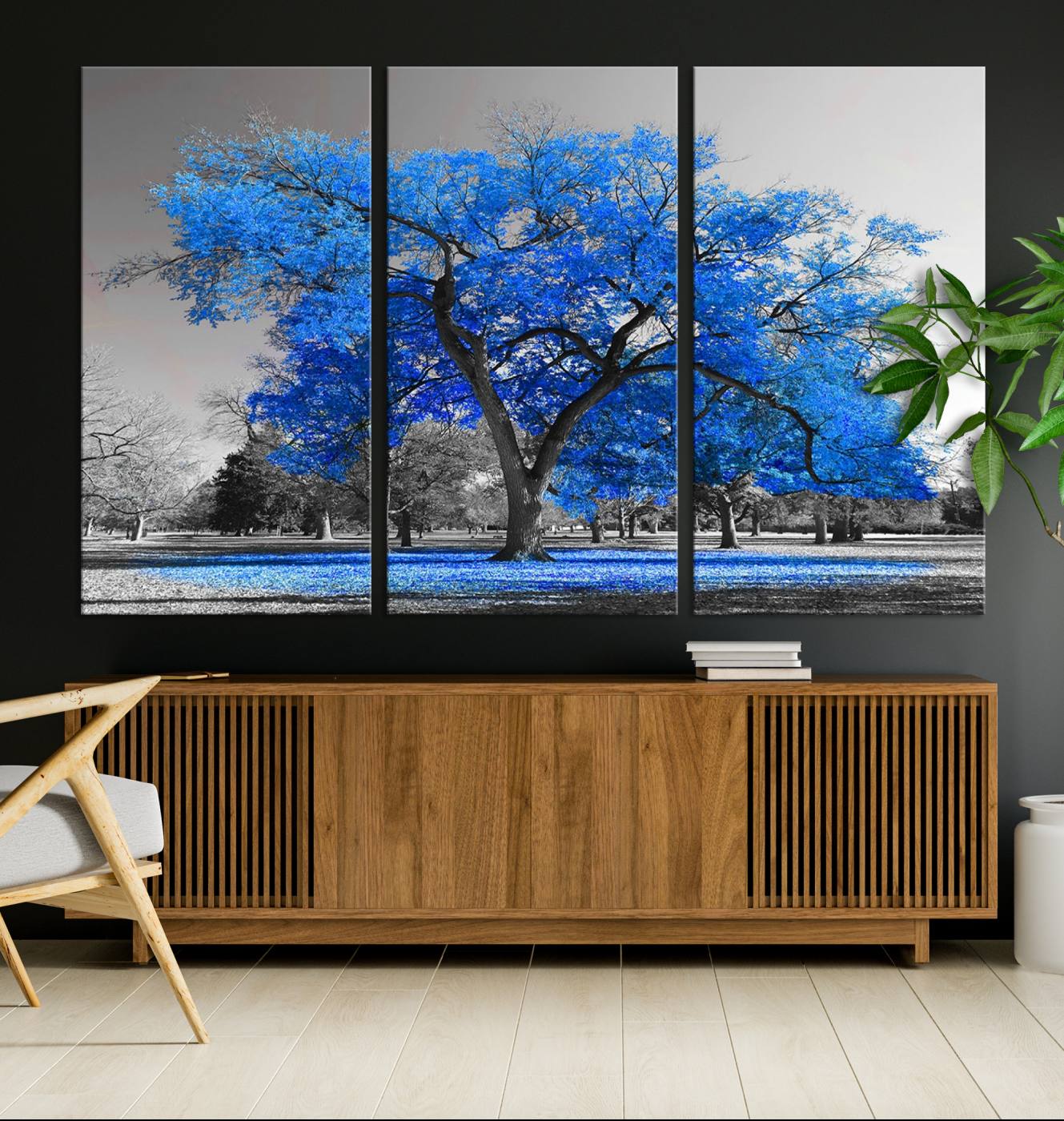 70954-MGV-CV-36X24-Vibrant Blue Tree Canvas Art – Triptych Nature Print – Color Pop Decor for Living Room or Office –