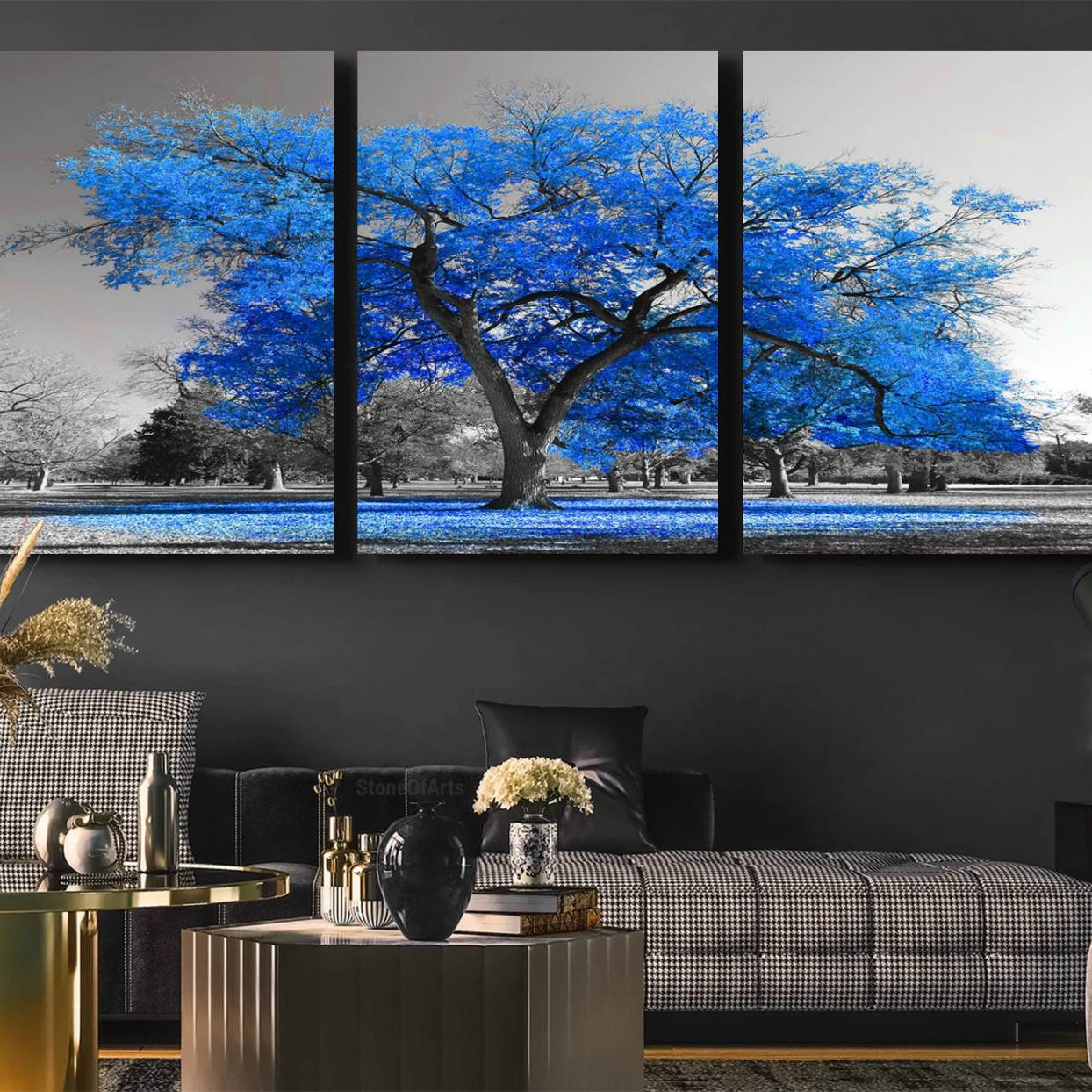 -Vibrant Blue Tree Canvas Art – Triptych Nature Print – Color Pop Decor for Living Room or Office –
