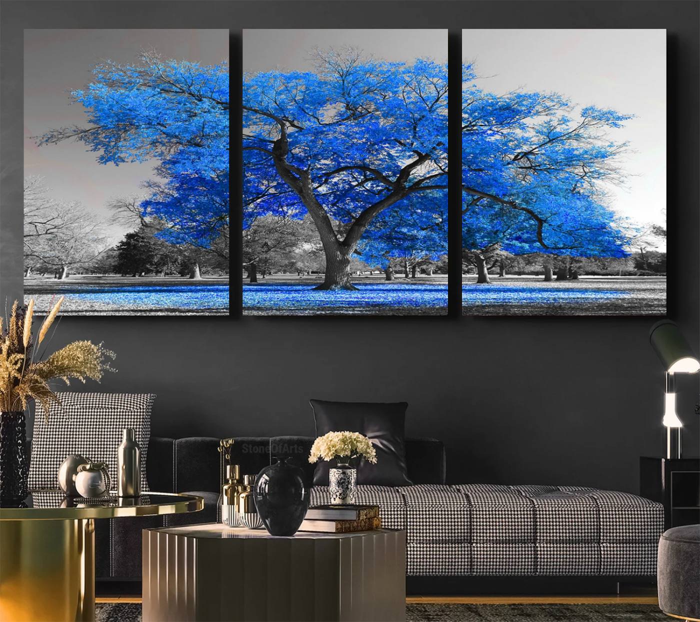 70954-MGV-CV-36X24-Vibrant Blue Tree Canvas Art – Triptych Nature Print – Color Pop Decor for Living Room or Office –