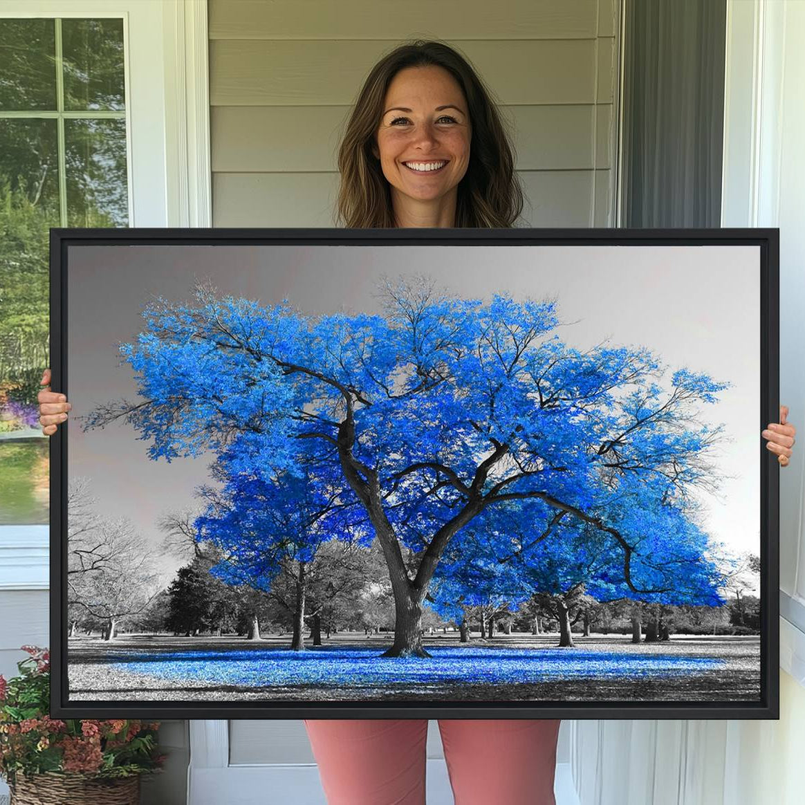 -Vibrant Blue Tree Canvas Art – Triptych Nature Print – Color Pop Decor for Living Room or Office –