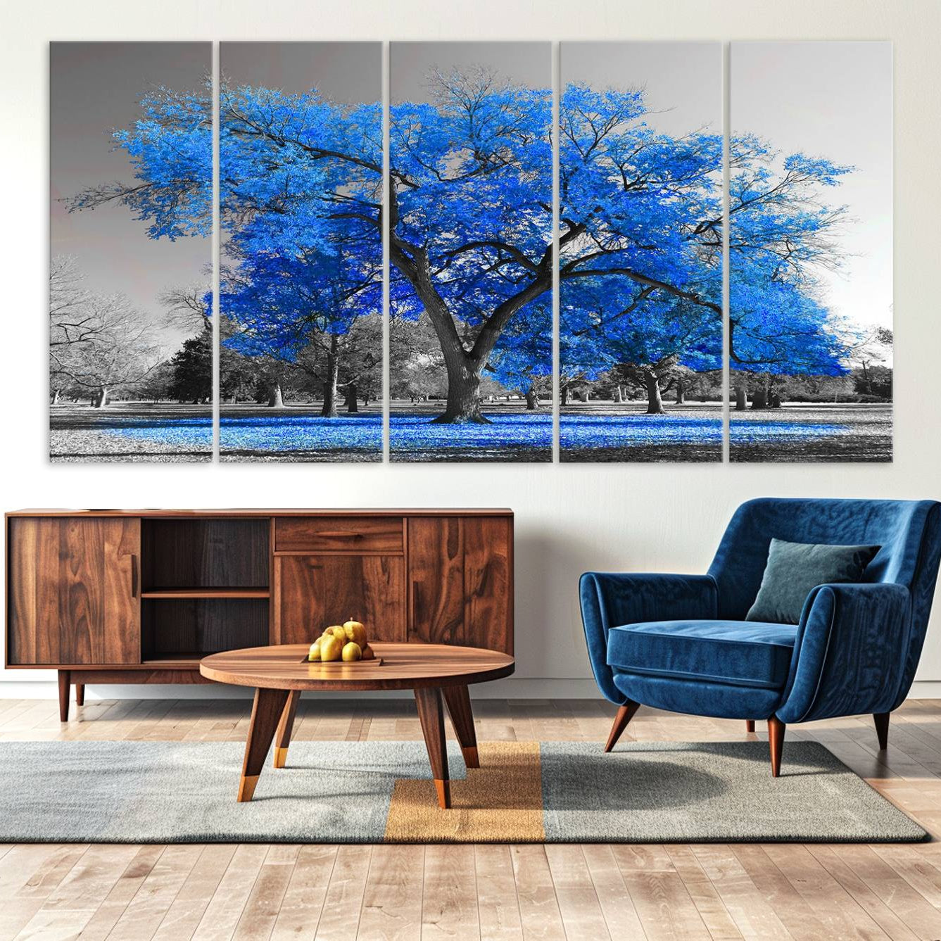 -Vibrant Blue Tree Canvas Art – Triptych Nature Print – Color Pop Decor for Living Room or Office –