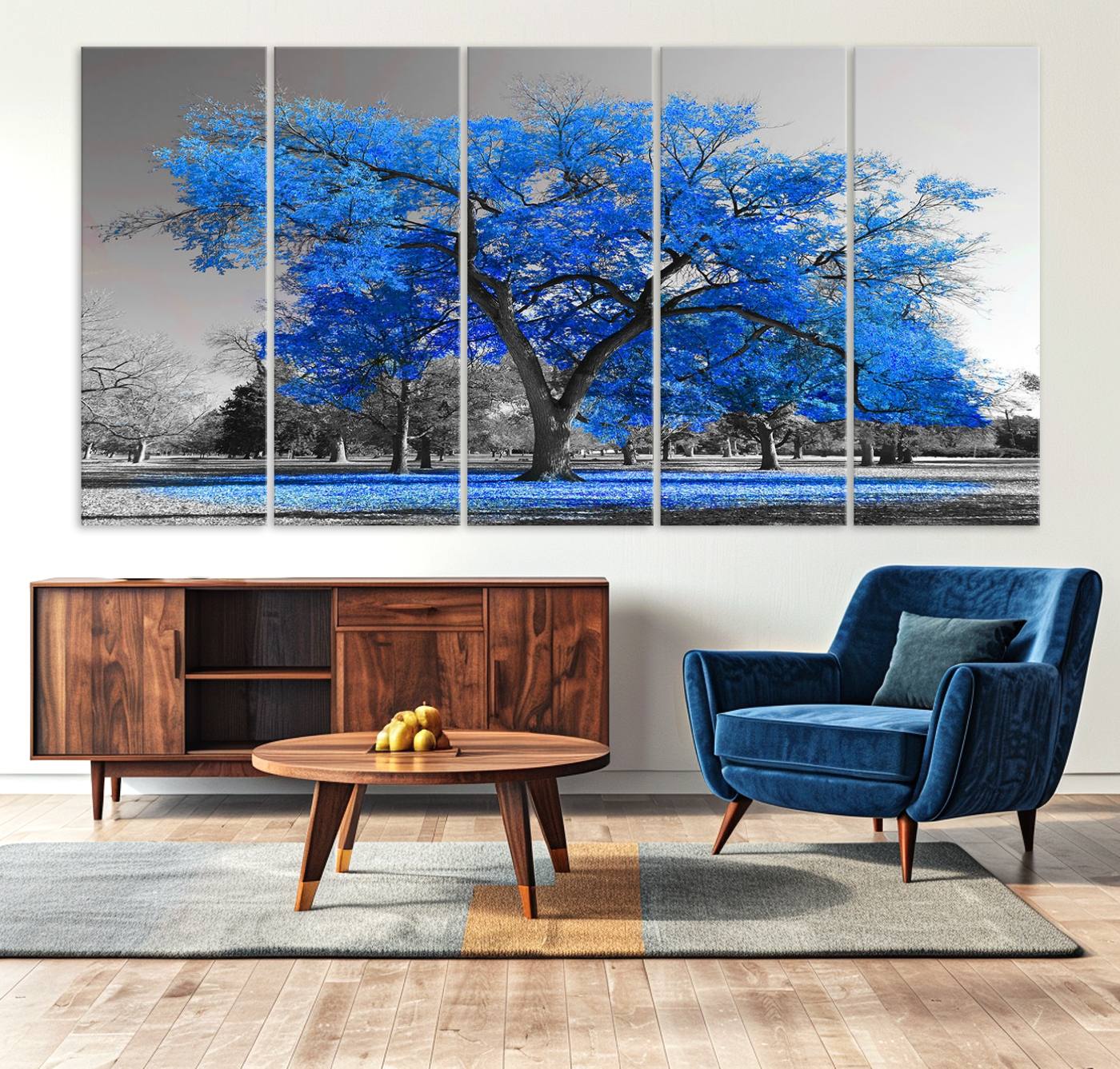 70954-MGV-CV-36X24-Vibrant Blue Tree Canvas Art – Triptych Nature Print – Color Pop Decor for Living Room or Office –