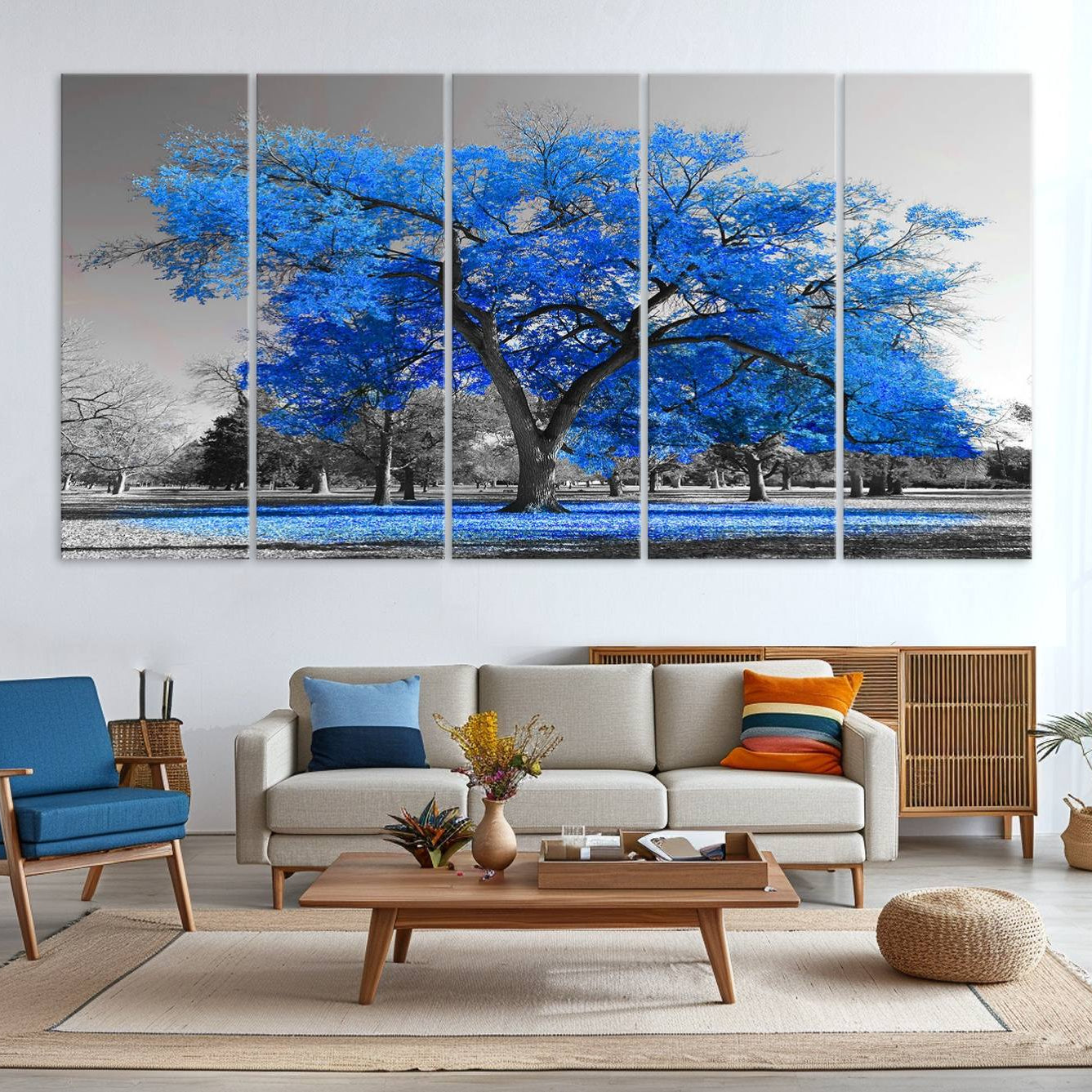 -Vibrant Blue Tree Canvas Art – Triptych Nature Print – Color Pop Decor for Living Room or Office –