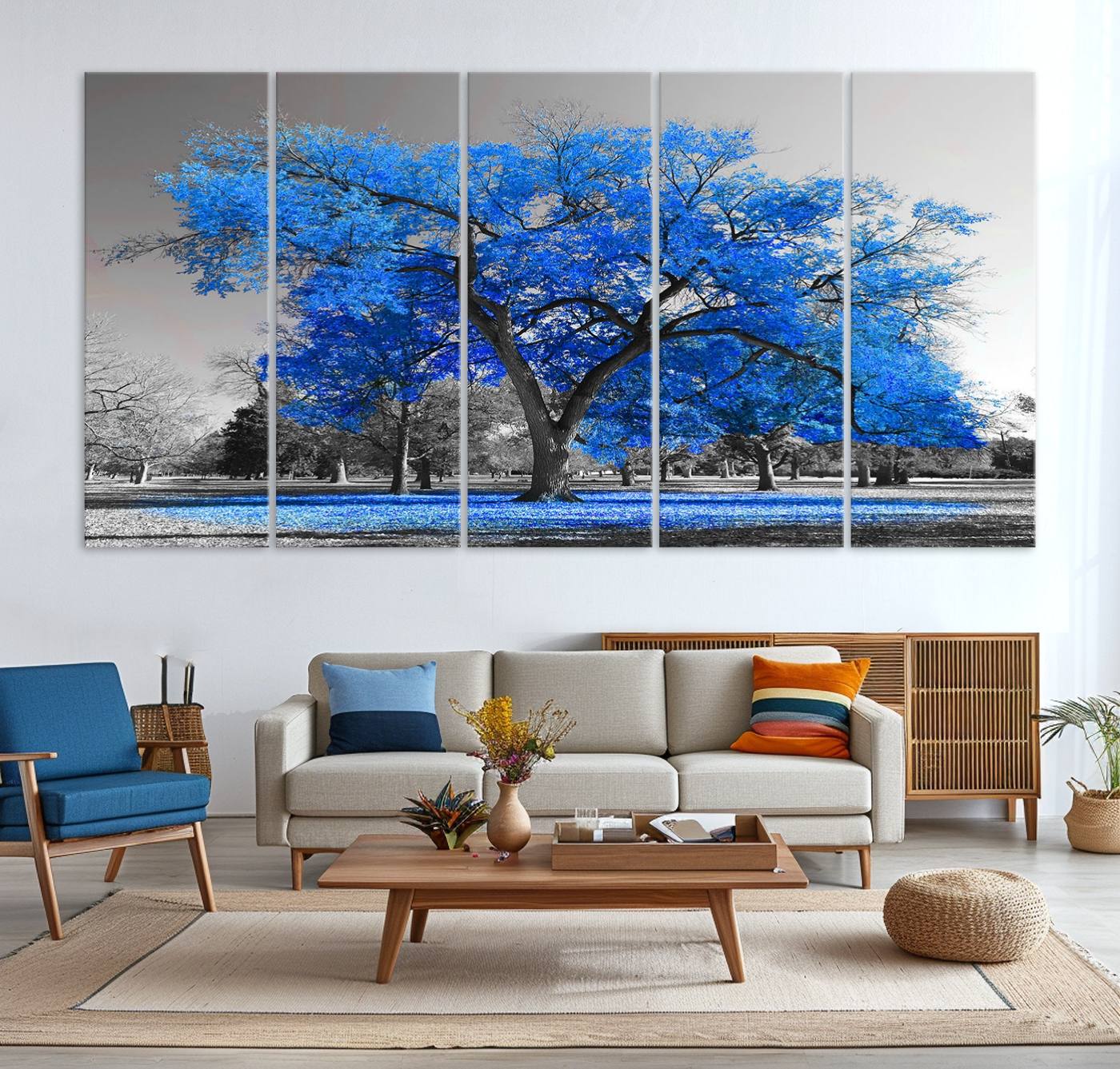 70954-MGV-CV-36X24-Vibrant Blue Tree Canvas Art – Triptych Nature Print – Color Pop Decor for Living Room or Office –