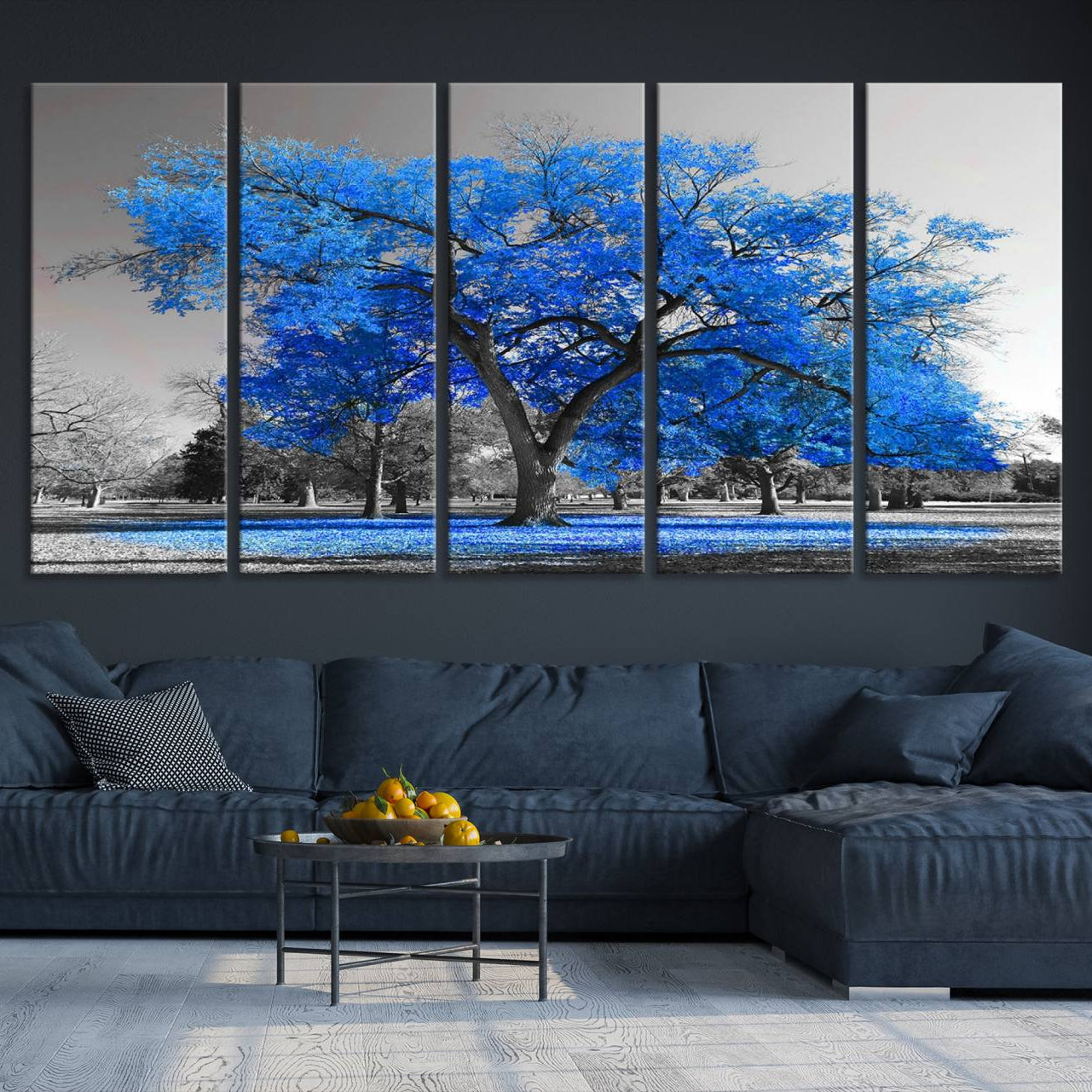 -Vibrant Blue Tree Canvas Art – Triptych Nature Print – Color Pop Decor for Living Room or Office –