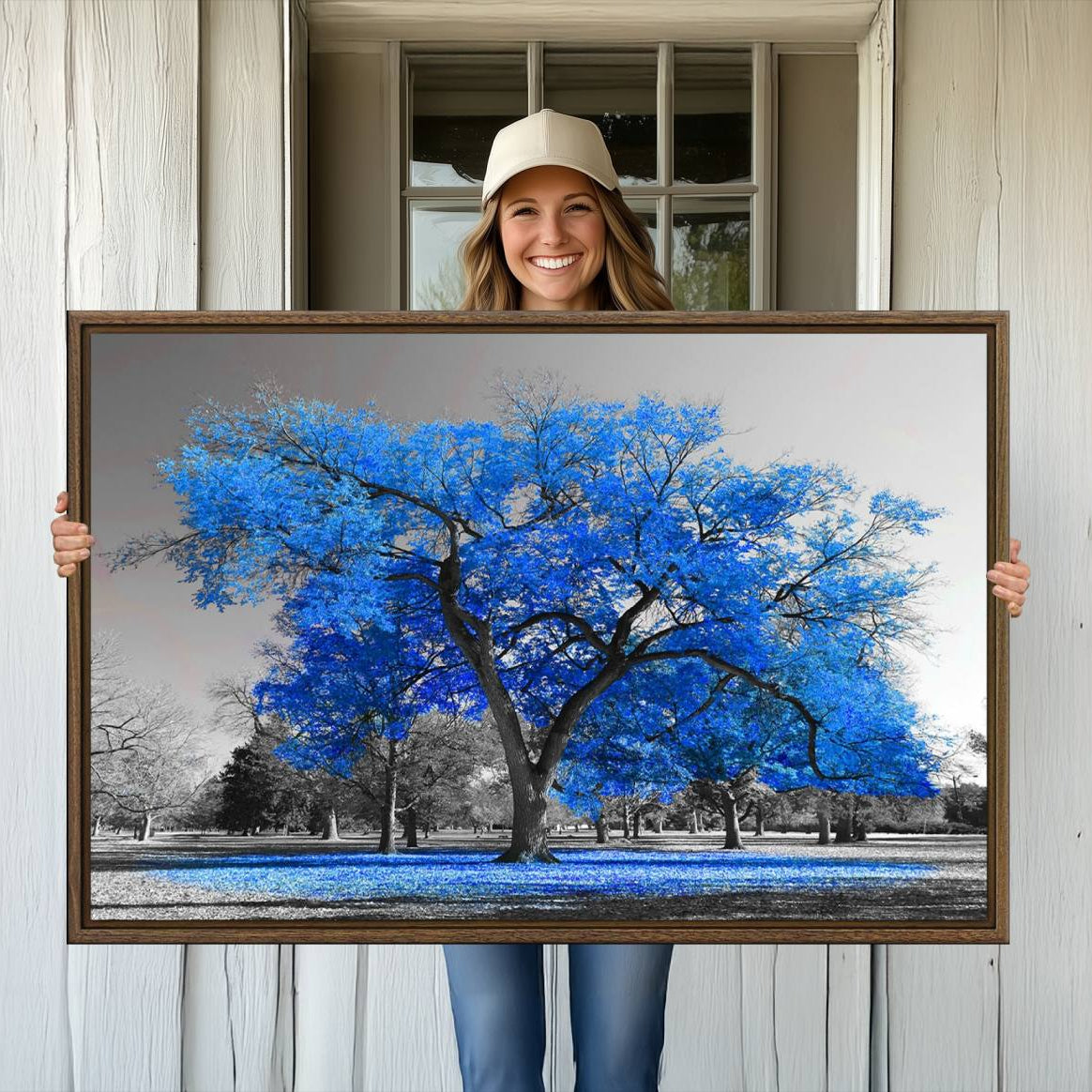 -Vibrant Blue Tree Canvas Art – Triptych Nature Print – Color Pop Decor for Living Room or Office –