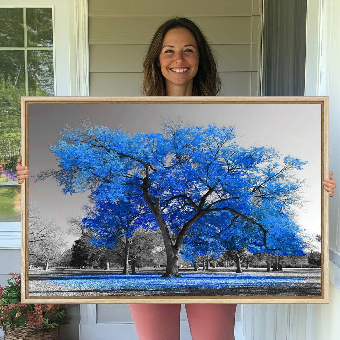 -Vibrant Blue Tree Canvas Art – Triptych Nature Print – Color Pop Decor for Living Room or Office –