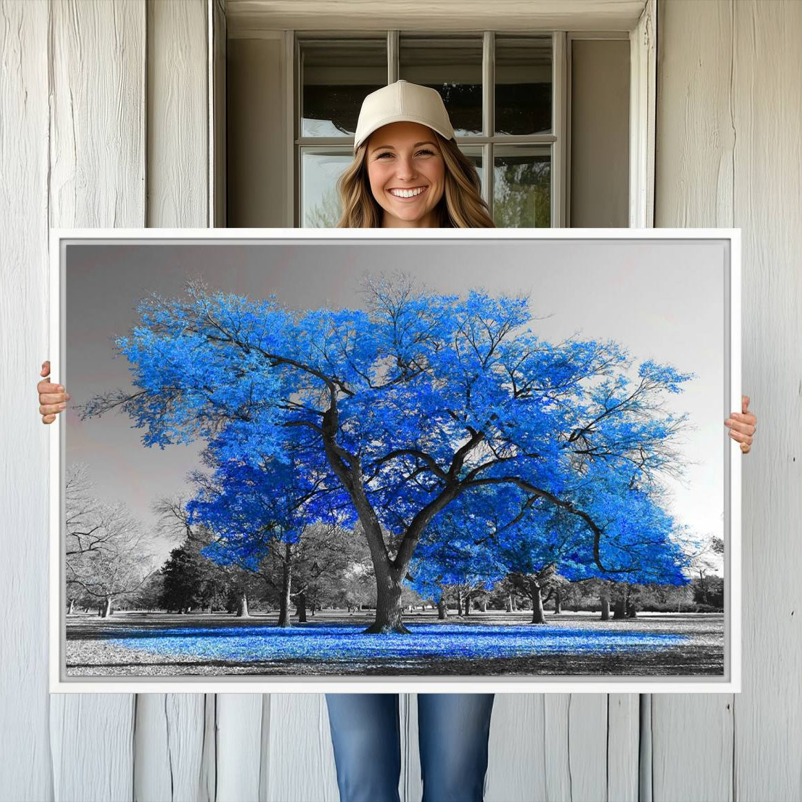 -Vibrant Blue Tree Canvas Art – Triptych Nature Print – Color Pop Decor for Living Room or Office –